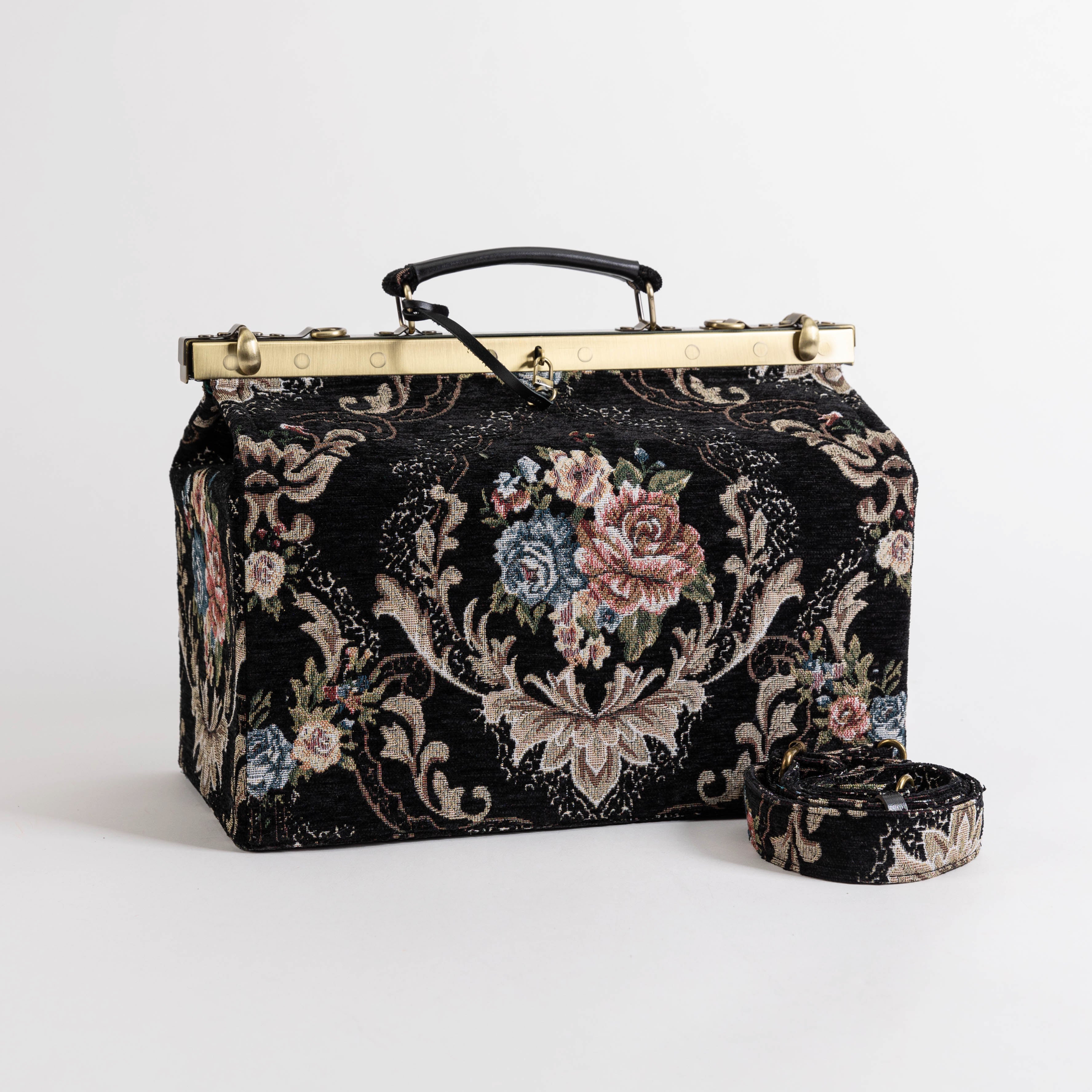 Gladstone Bag Carpet Doctor Bag Victorian Weekender Bag Shoulder Frame Bag Genevieve Floral Black Carpetbagger Carpetbag of America main