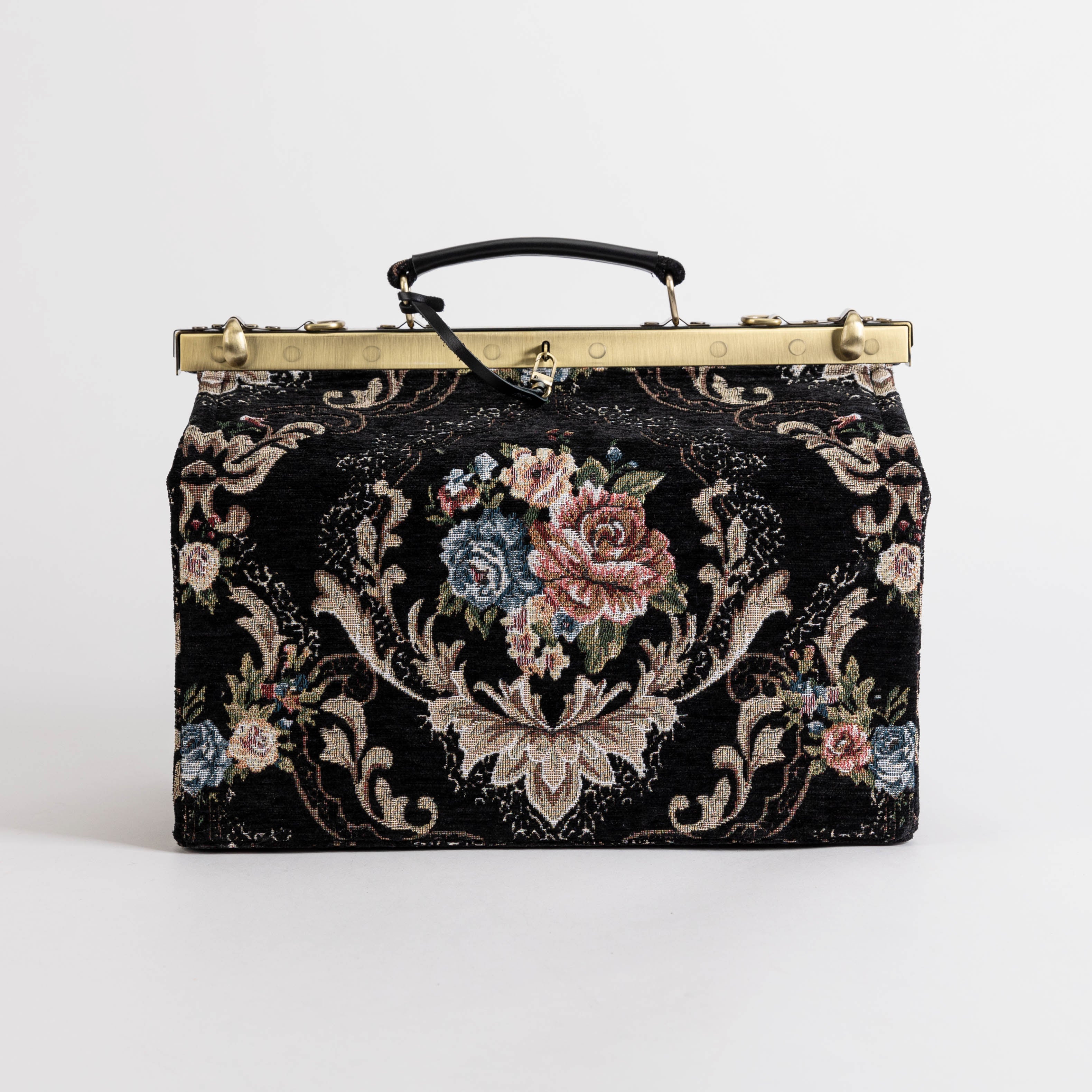 Gladstone Bag Carpet Doctor Bag Victorian Weekender Bag Shoulder Frame Bag Genevieve Floral Black Carpetbagger Carpetbag of America front