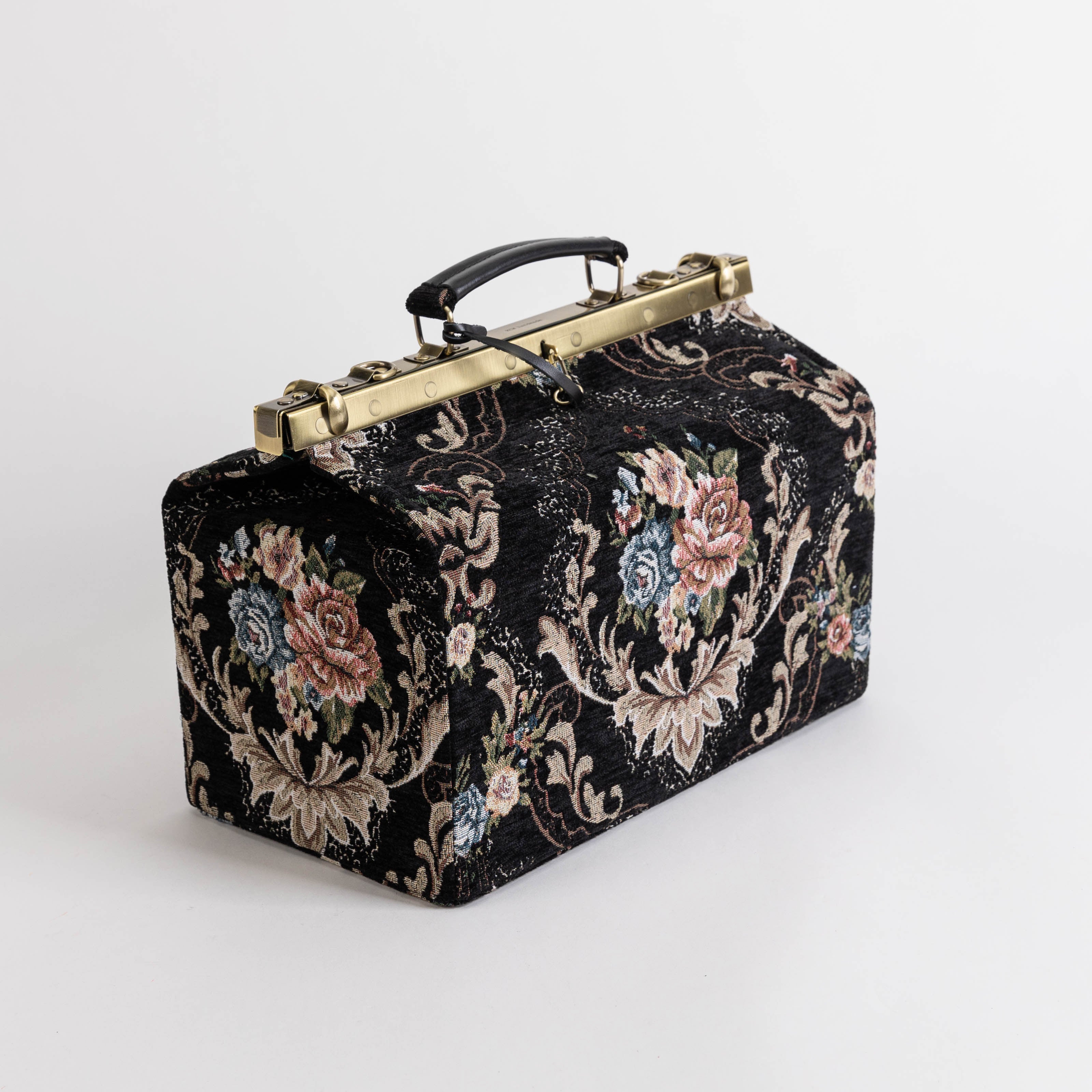 Gladstone Bag Carpet Doctor Bag Victorian Weekender Bag Shoulder Frame Bag Genevieve Floral Black Carpetbagger Carpetbag of America side