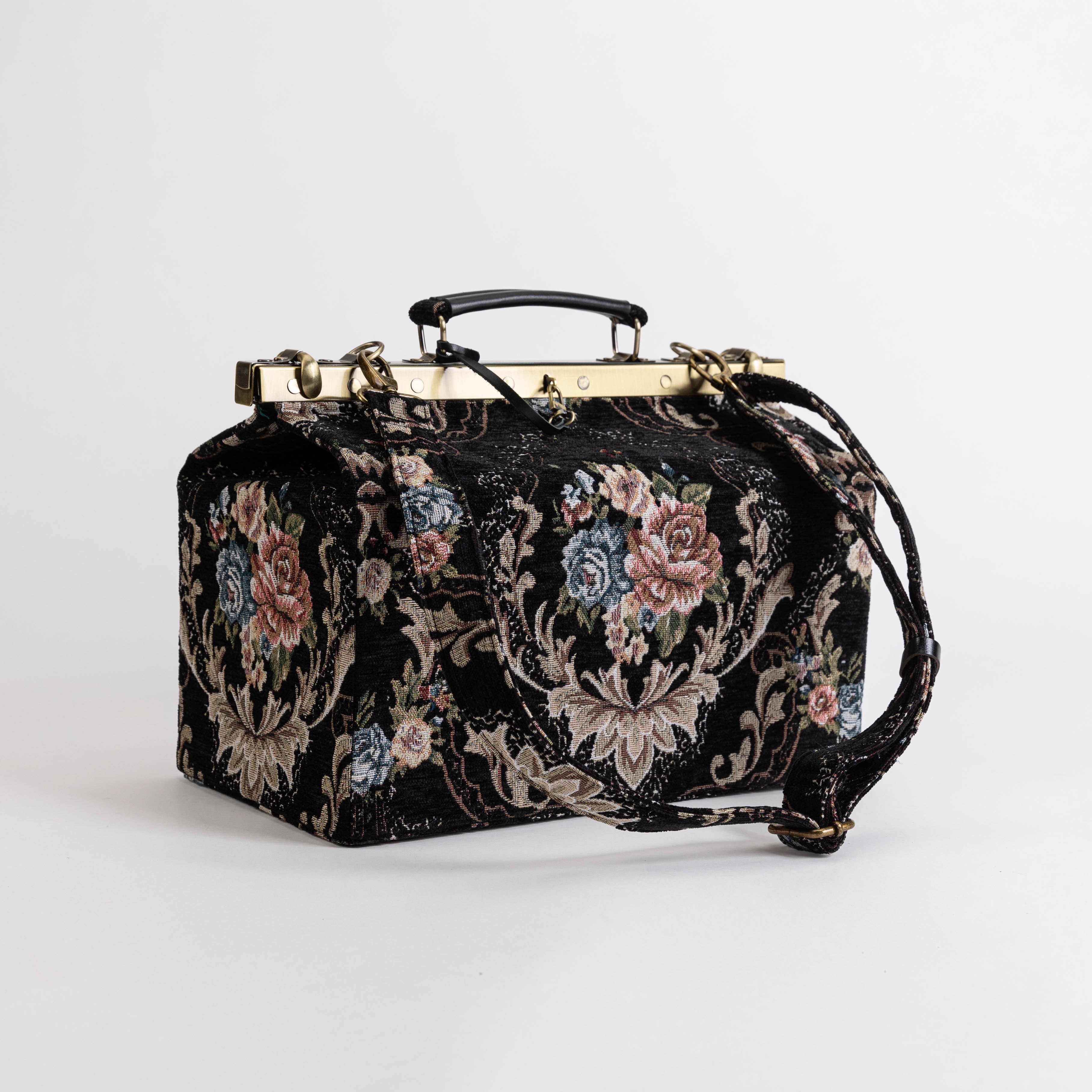 Gladstone Bag Carpet Doctor Bag Victorian Weekender Bag Shoulder Frame Bag Genevieve Floral Black Carpetbagger Carpetbag of America with shoulder strap