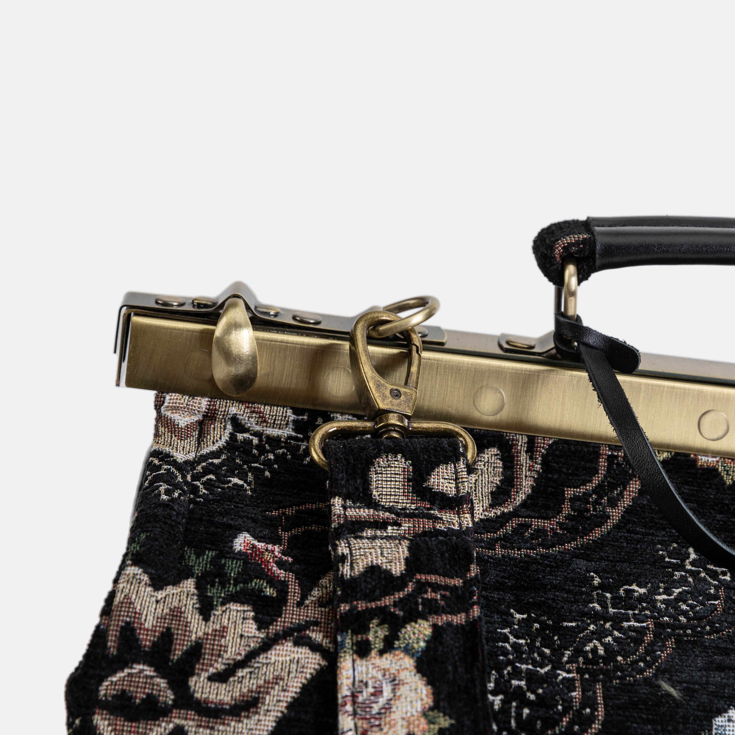 Gladstone Bag Carpet Doctor Bag Victorian Weekender Bag Shoulder Frame Bag Genevieve Floral Black Carpetbagger Carpetbag of America shoulder strap clasp