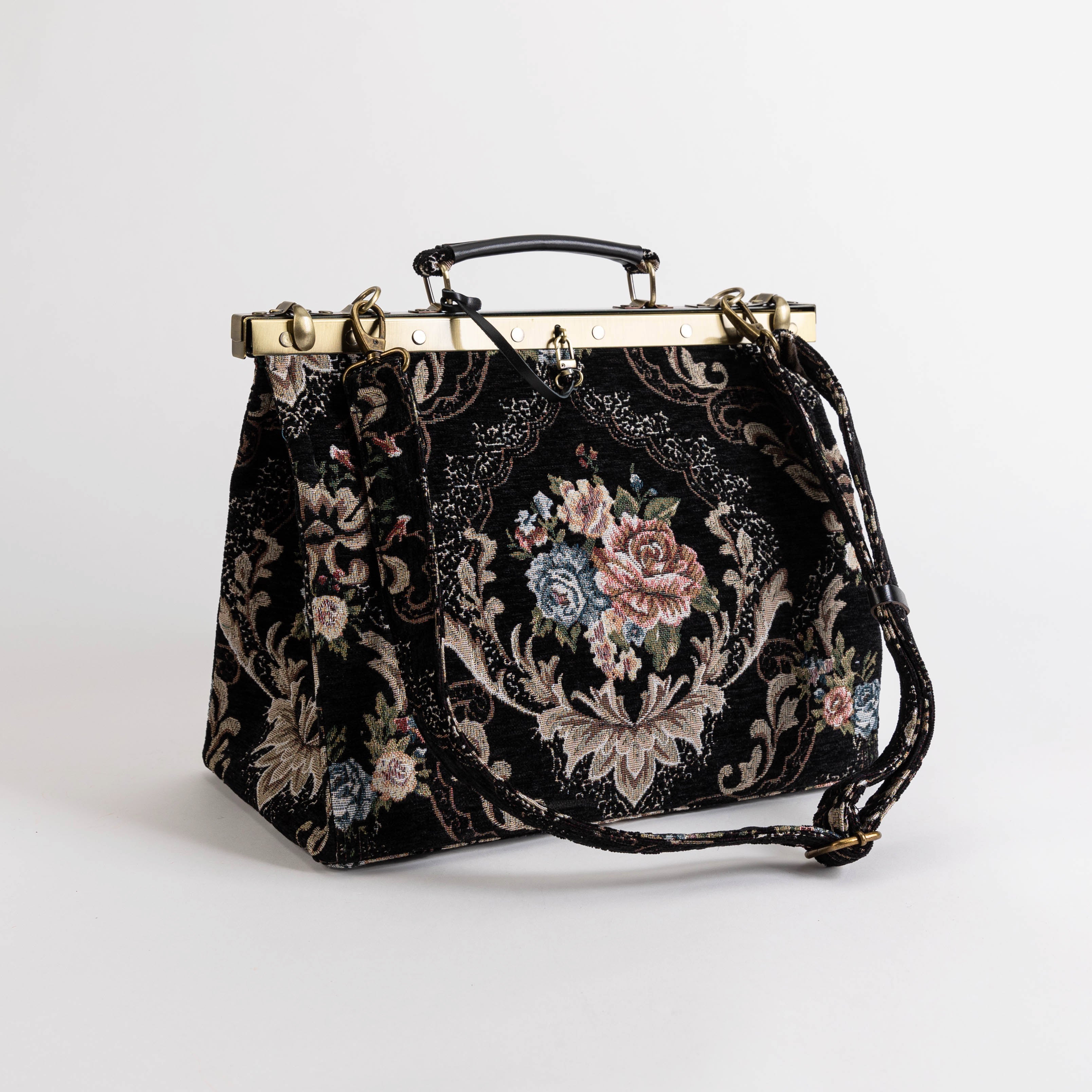 Gladstone Bag Carpet Doctor Bag Victorian Weekender Bag Shoulder Frame Bag Celine Floral Black Carpetbagger Carpetbag of America with shoulder strap