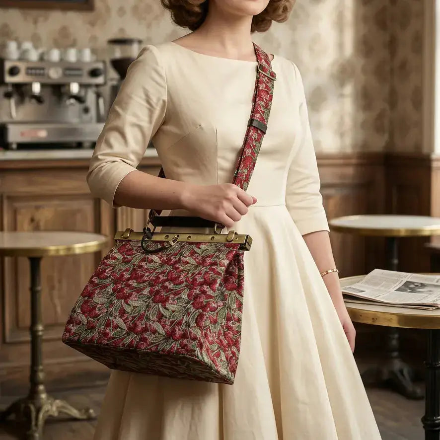 Woman in a beige dress carrying a cherry cascade cecile carpet purse gladstone bag with a shoulder strap.