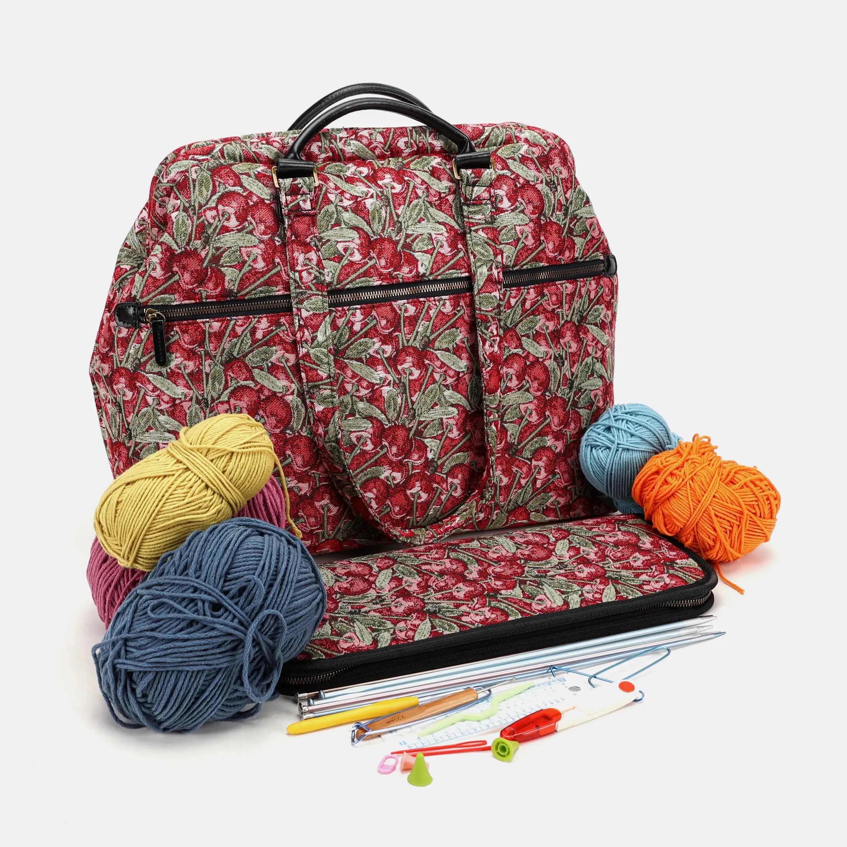 Cherry Cascade Knitting Project Bag of America-with yarn ball