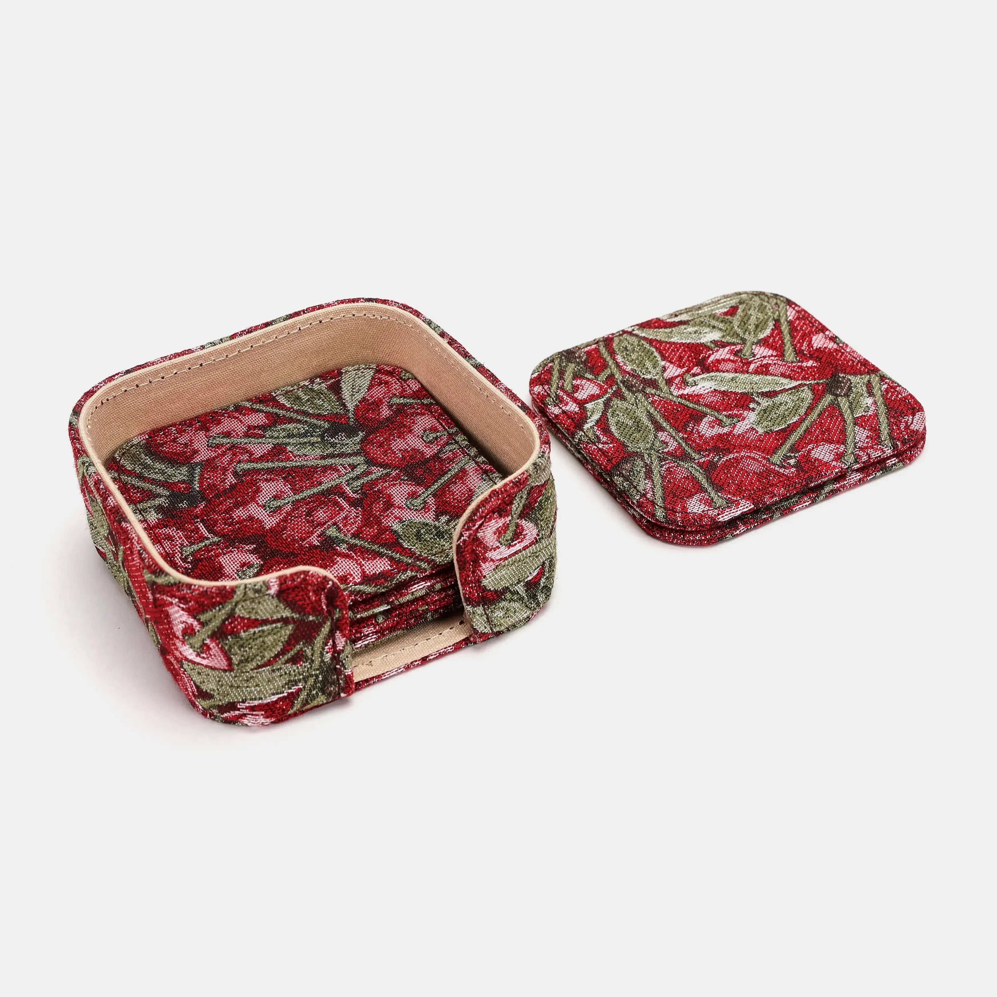 Cherry Cascade Square Coaster Set with Holder of America-details
