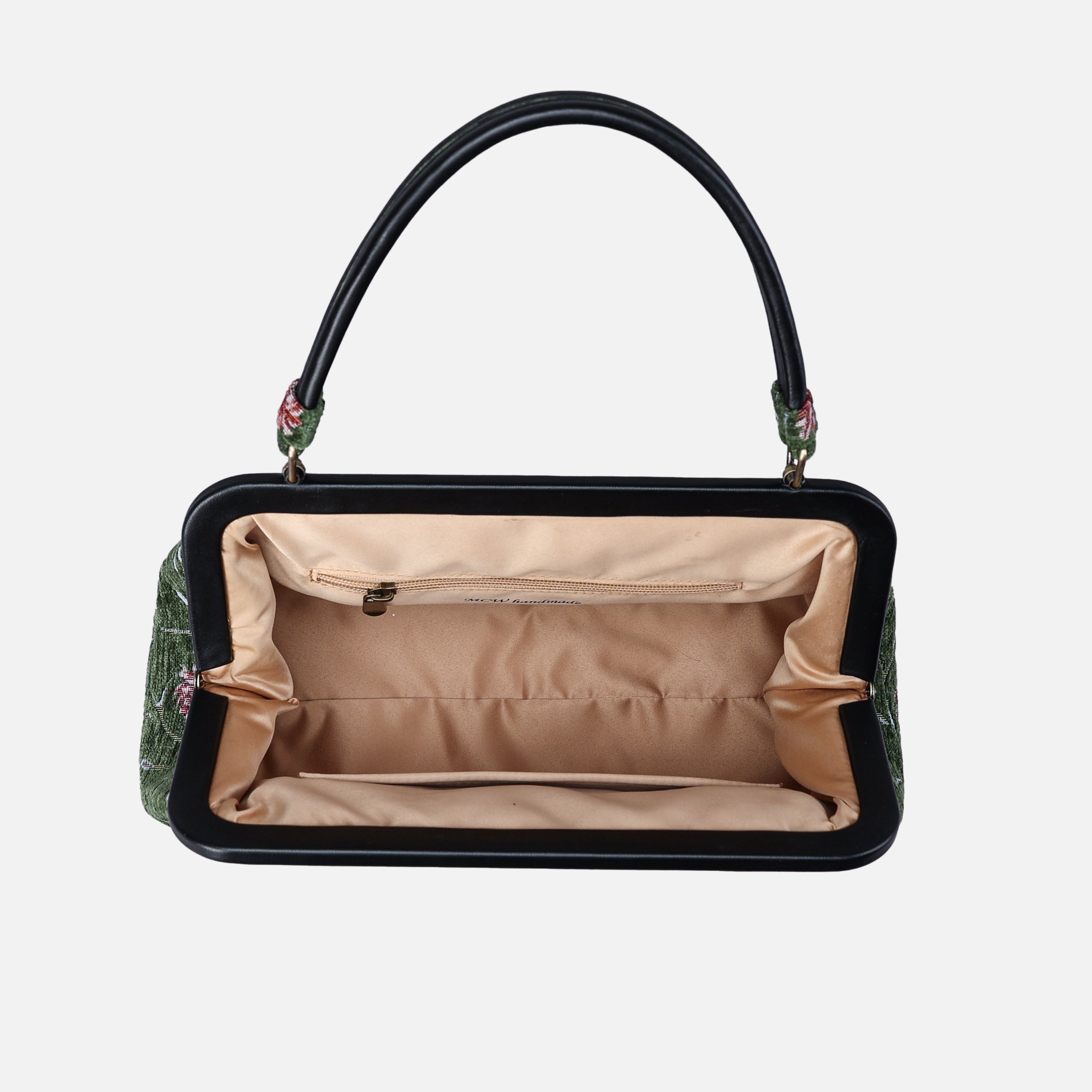 Climbing Rose Arugula Green Top Handle Purse carpet bag of America inside