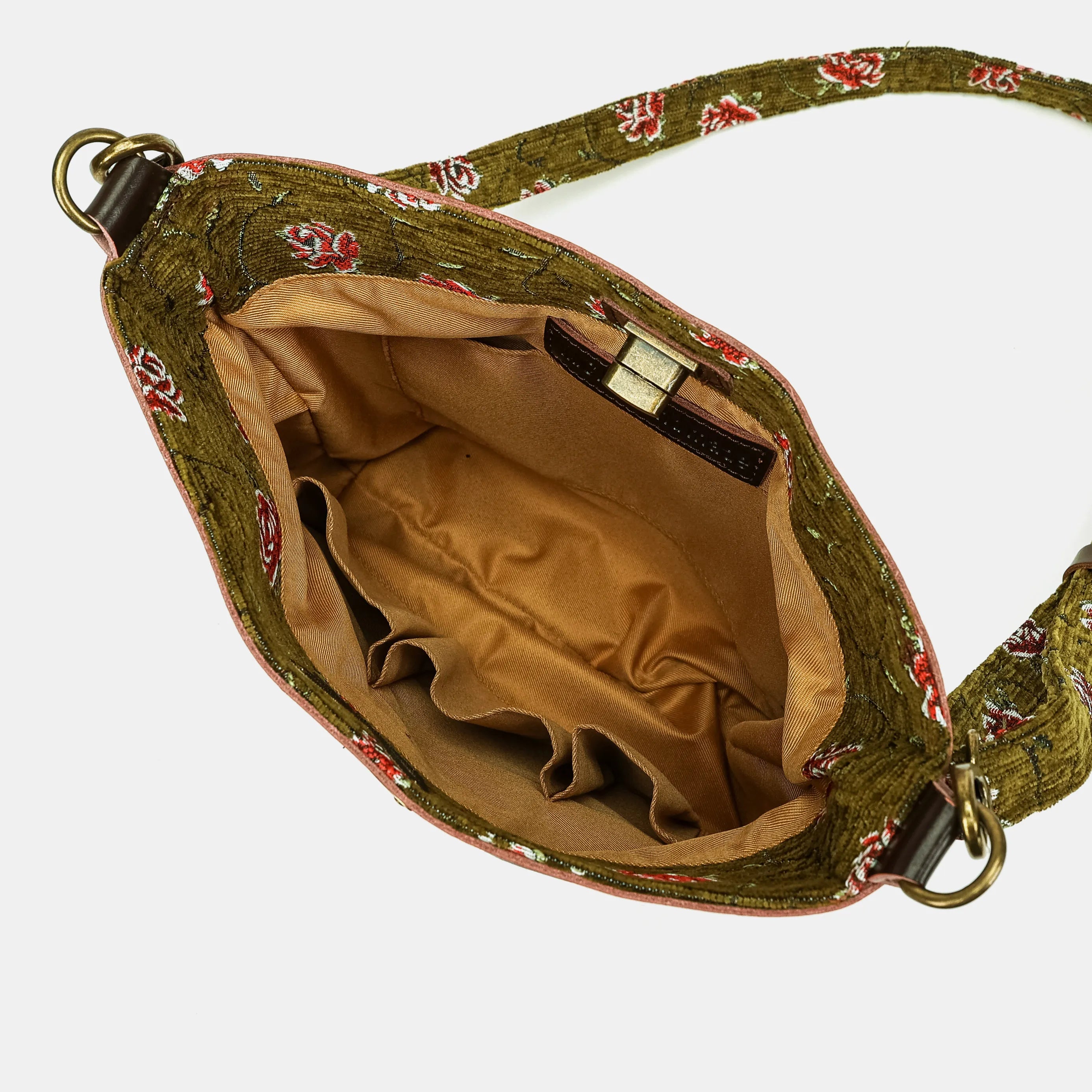 Climbing Rose Avocado Butterfly Crossbody Bag Carpetbag of America inside