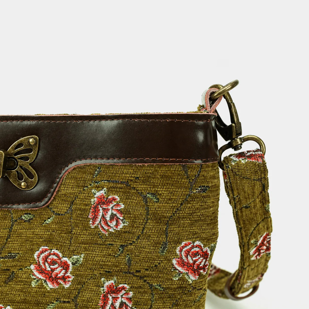 Climbing Rose Avocado Butterfly Crossbody Bag Carpetbag of America details