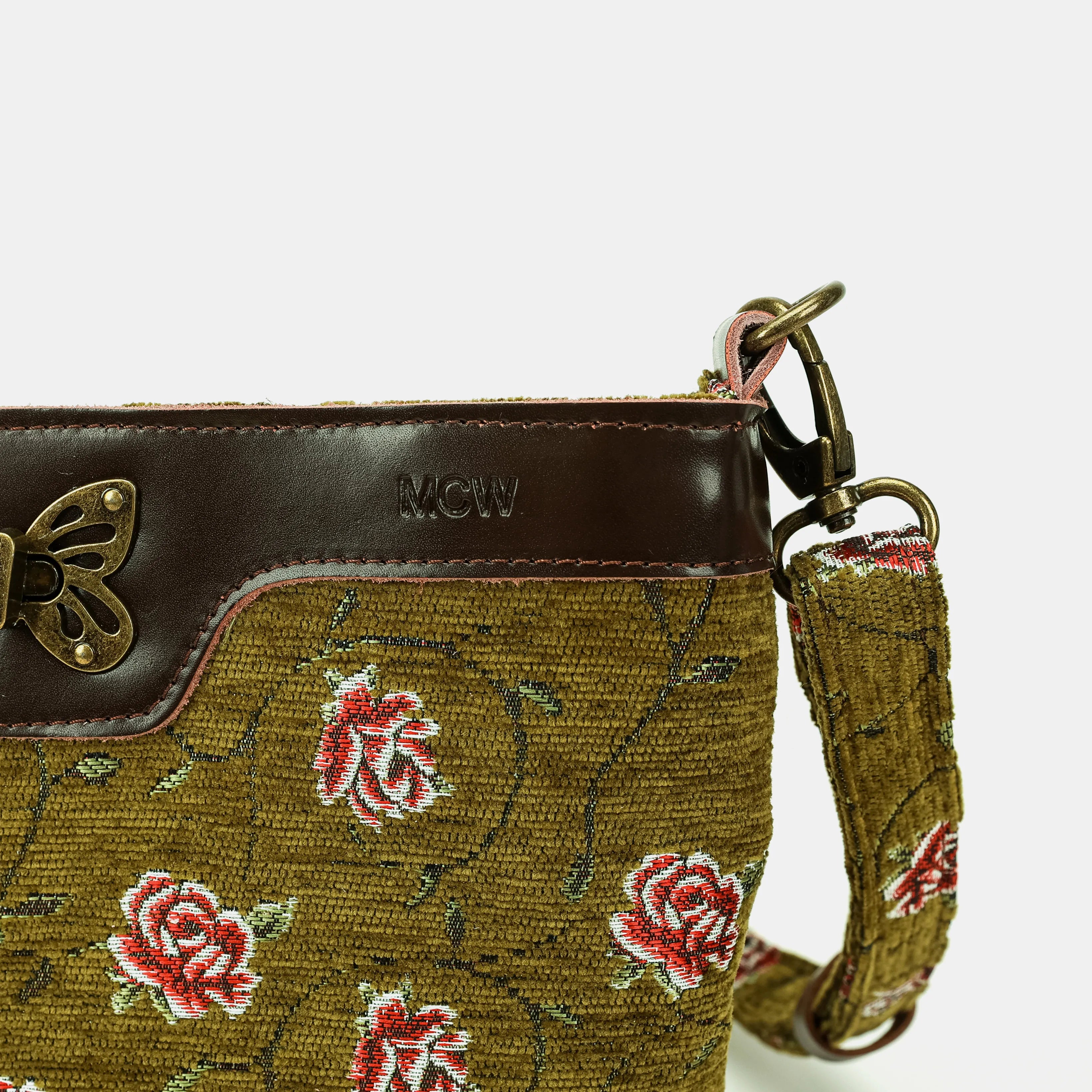Climbing Rose Avocado Butterfly Crossbody Bag Carpetbag of America details