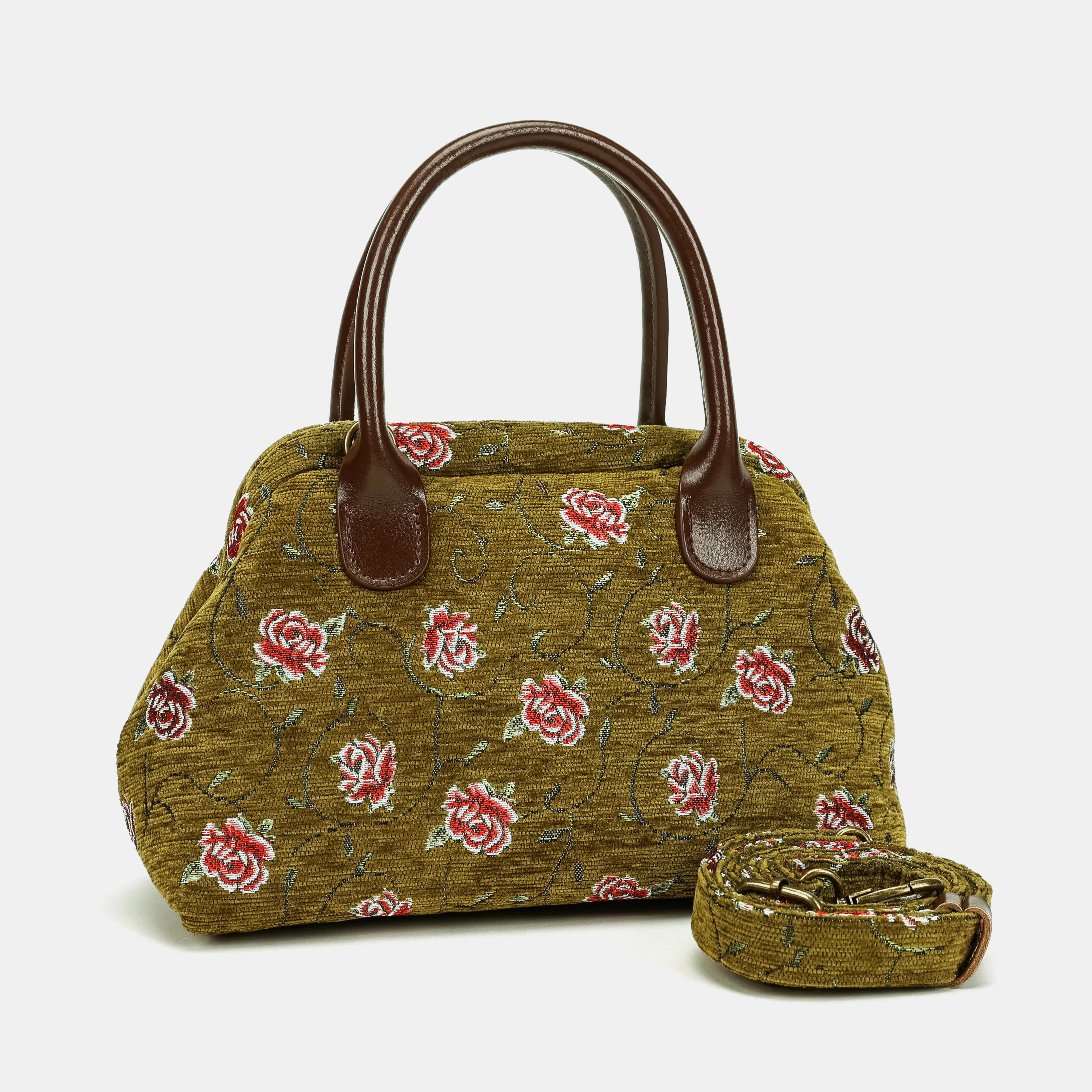 Climbing Rose Avocado Carpet Satchel Carpetbag of America with strap