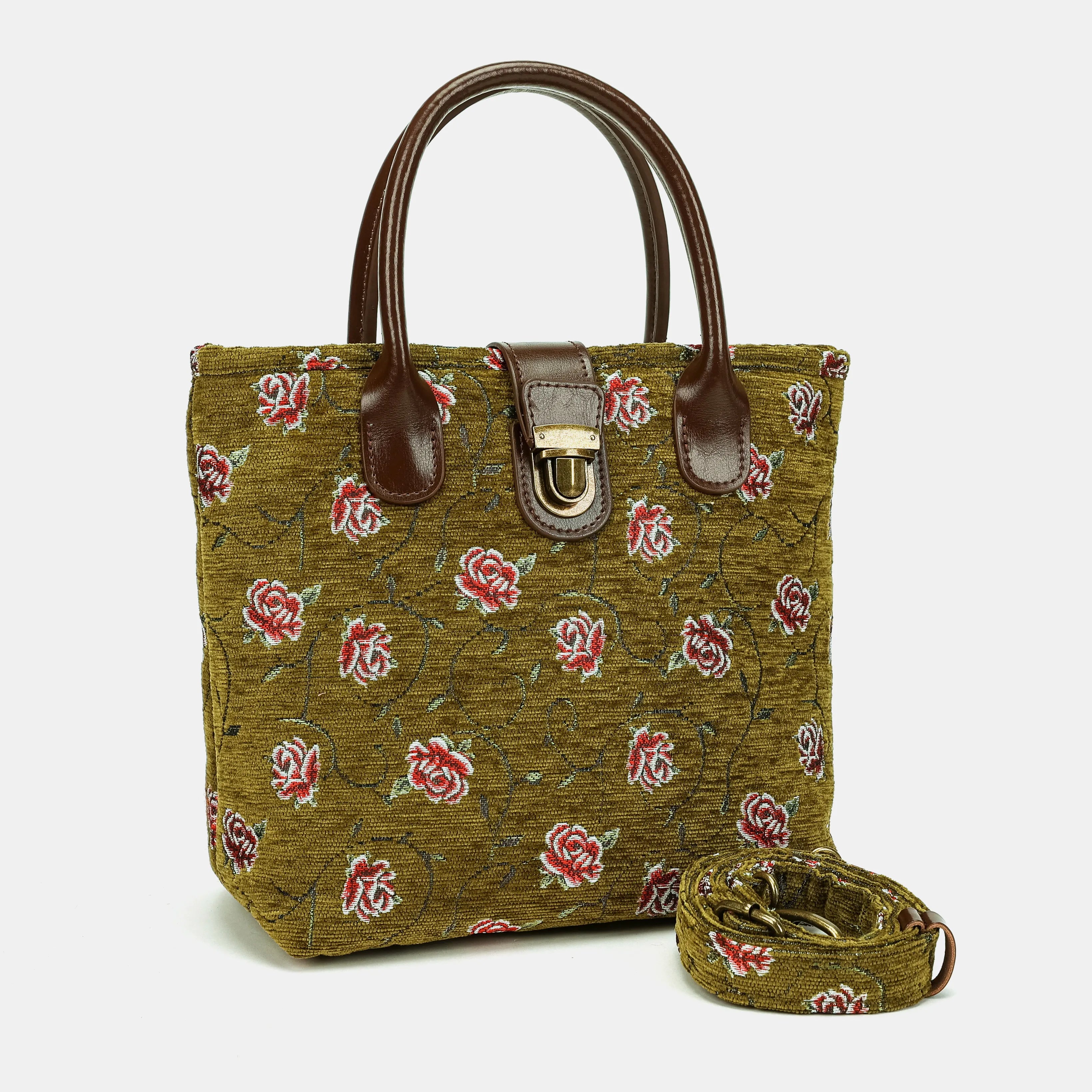 Climbing Rose Avocado Tuck Lock Carpet Satchel Carpetbag of America with strap