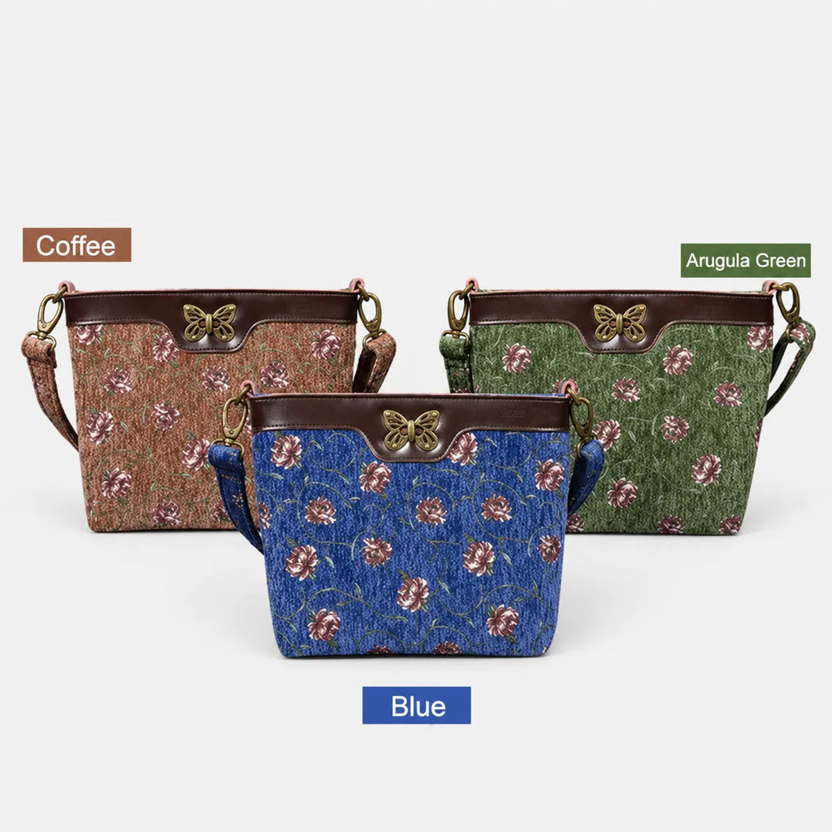 Three butterfly satchel bags in Coffee, Blue, and Arugula Green with floral patterns on a gray background.