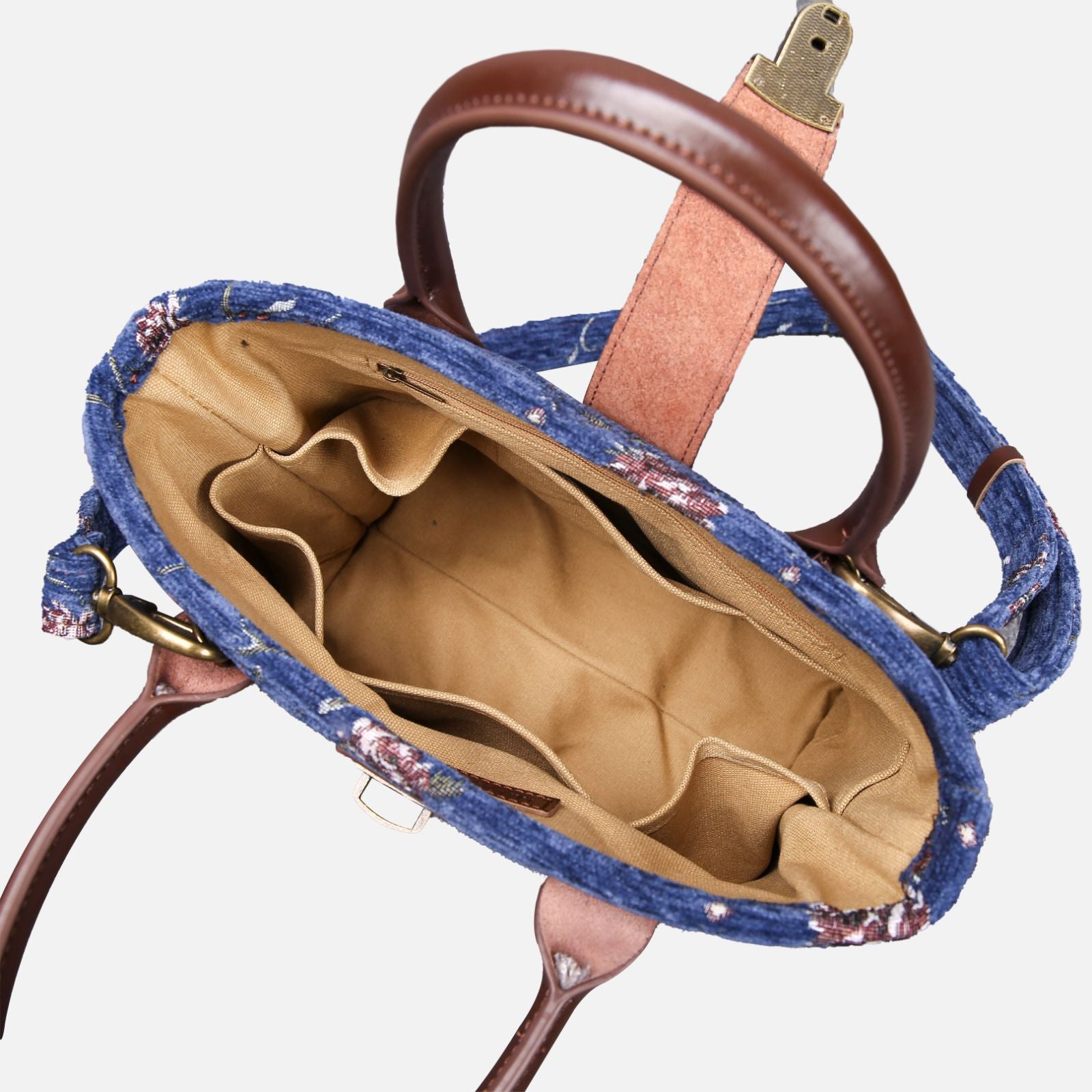 Climbing Rose Blue Tuck Lock Carpet Satchel Carpetbag of America inside