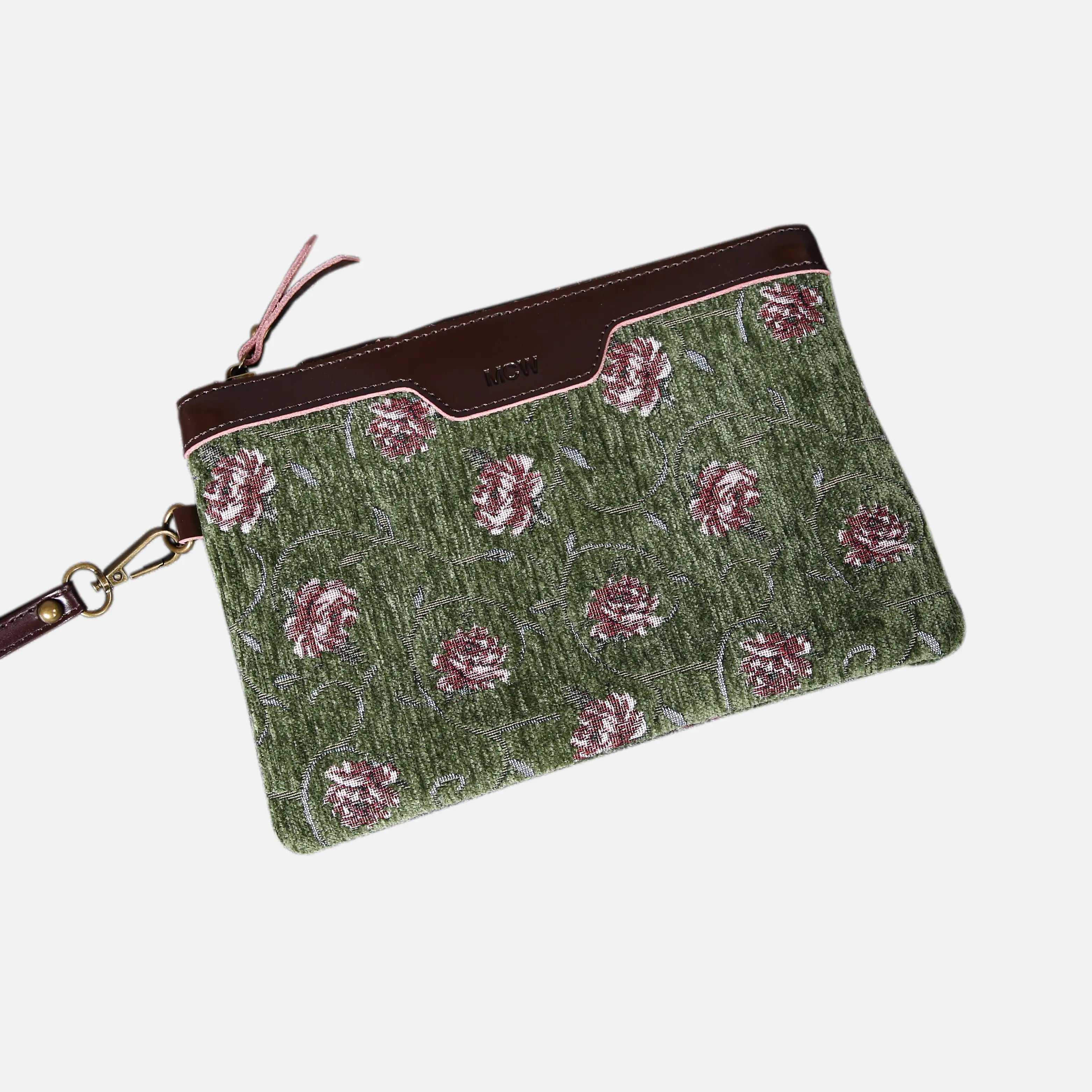 Climbing Rose Wristlet Clutch carpet bag MCW Handmade Arugula Green