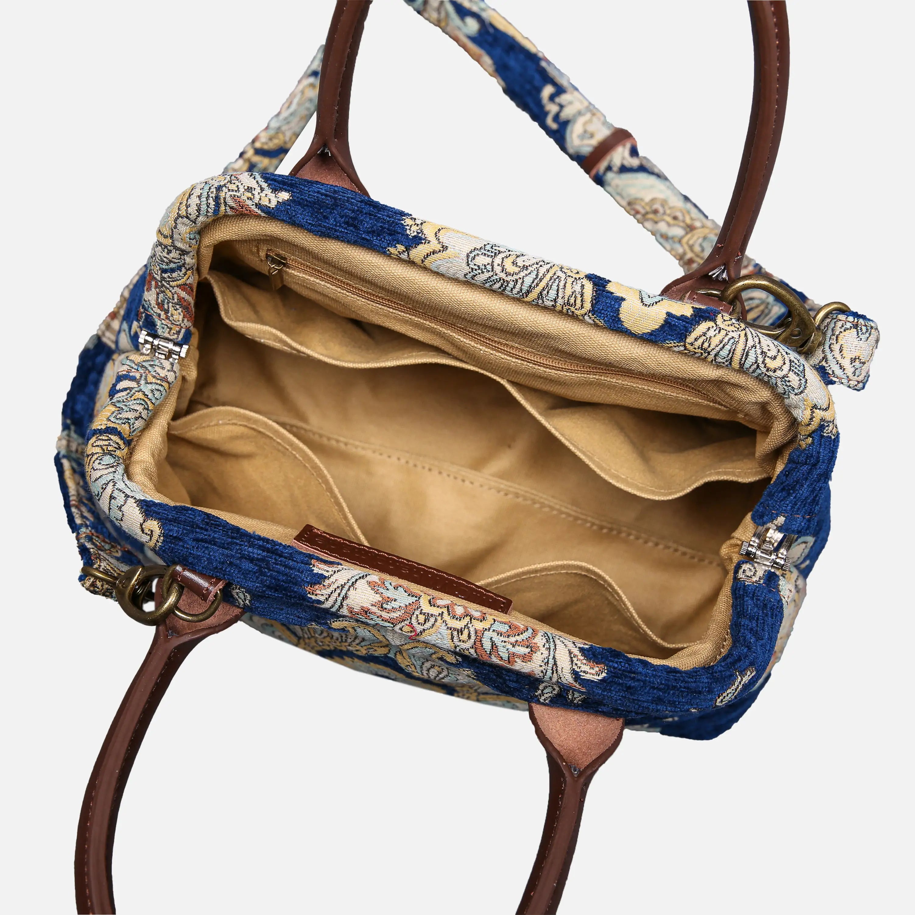 Damask Blue Carpet Satchel carpet bag MCW Handmade inside
