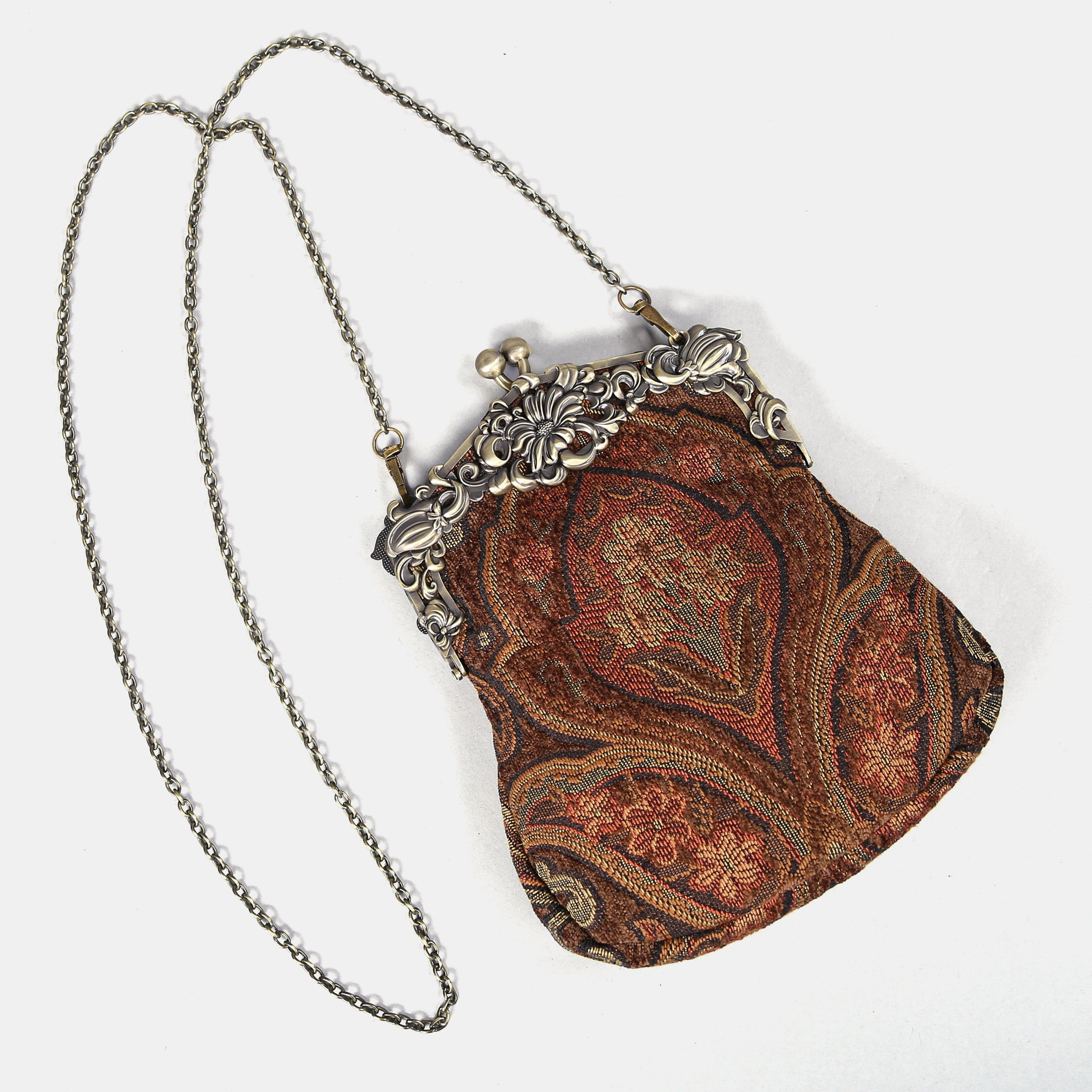Damask D. Brown Chatelaine Purse Large carpet bag of America with long chain