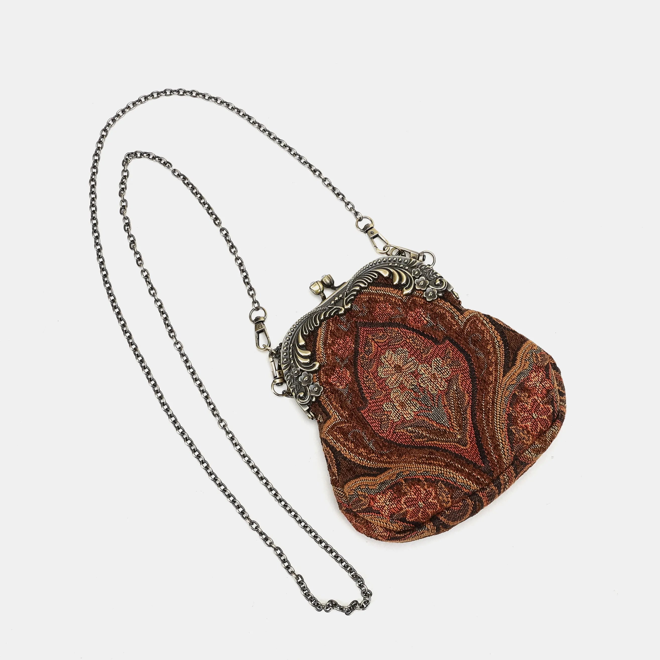 Damask D. Brown Chatelaine Purse Medium Carpetbag of America with long chain