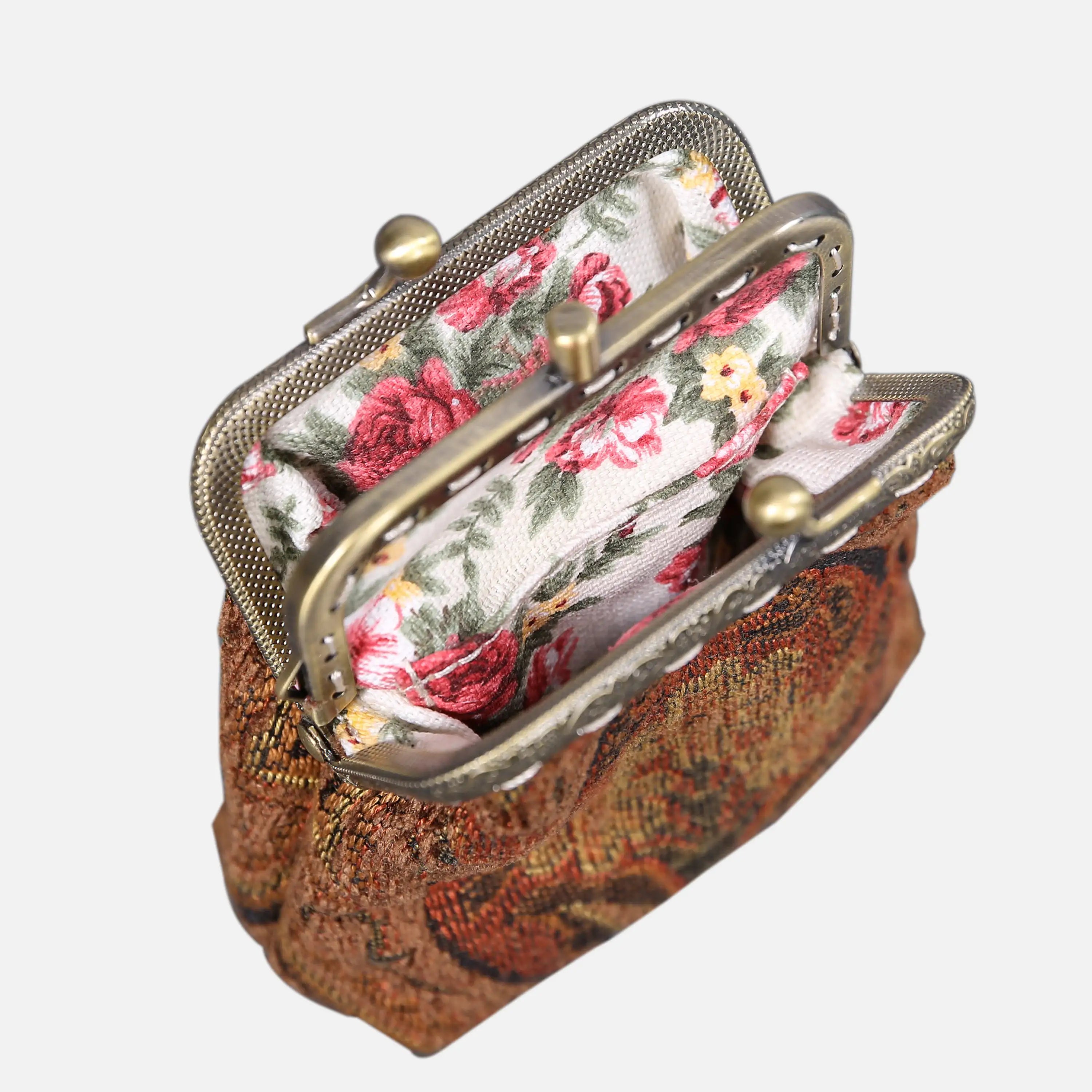 Damask D. Brown Double Kiss Clasp Coin Purse of America Front side opens-5