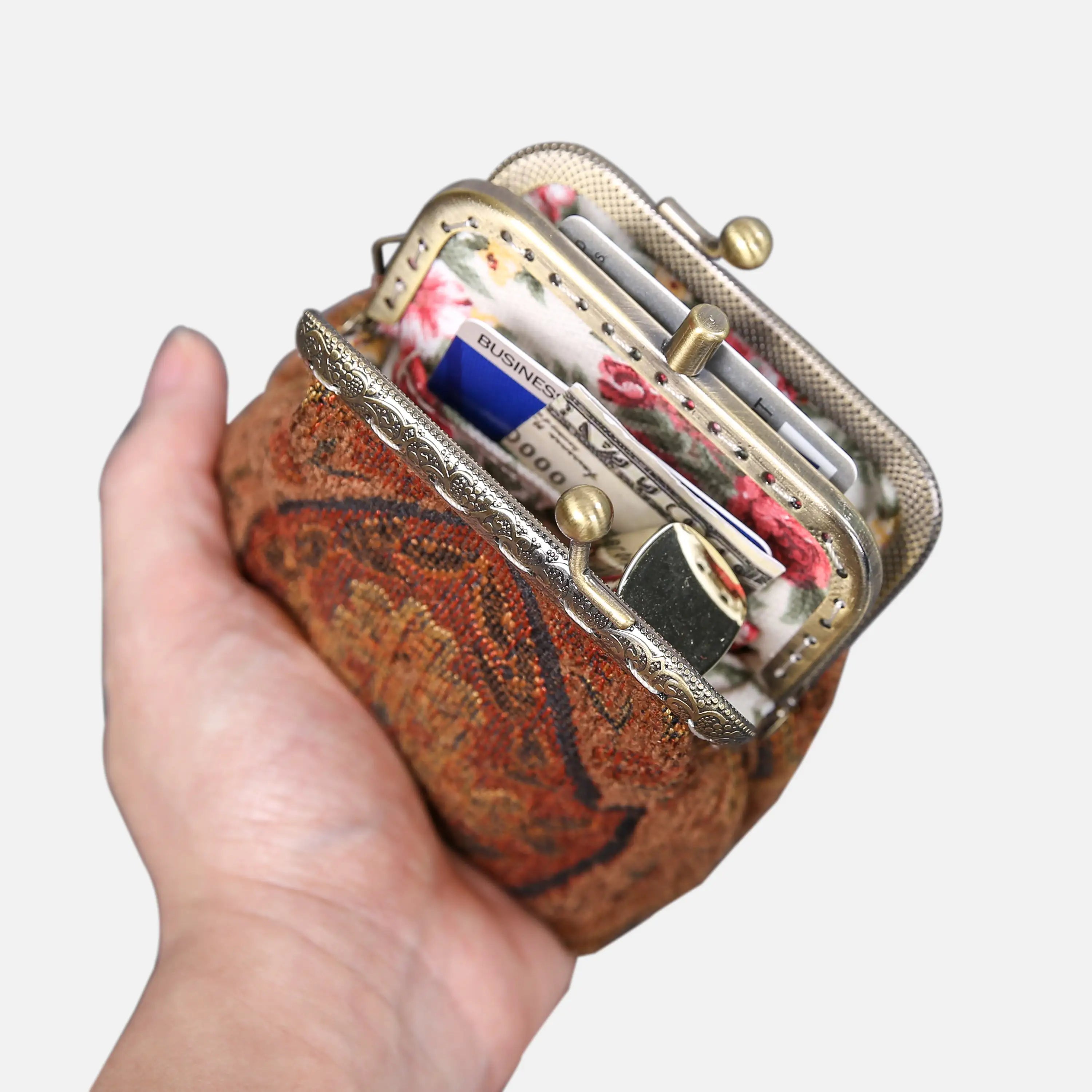 Damask D. Brown Double Kiss Clasp Coin Purse of America in use-1