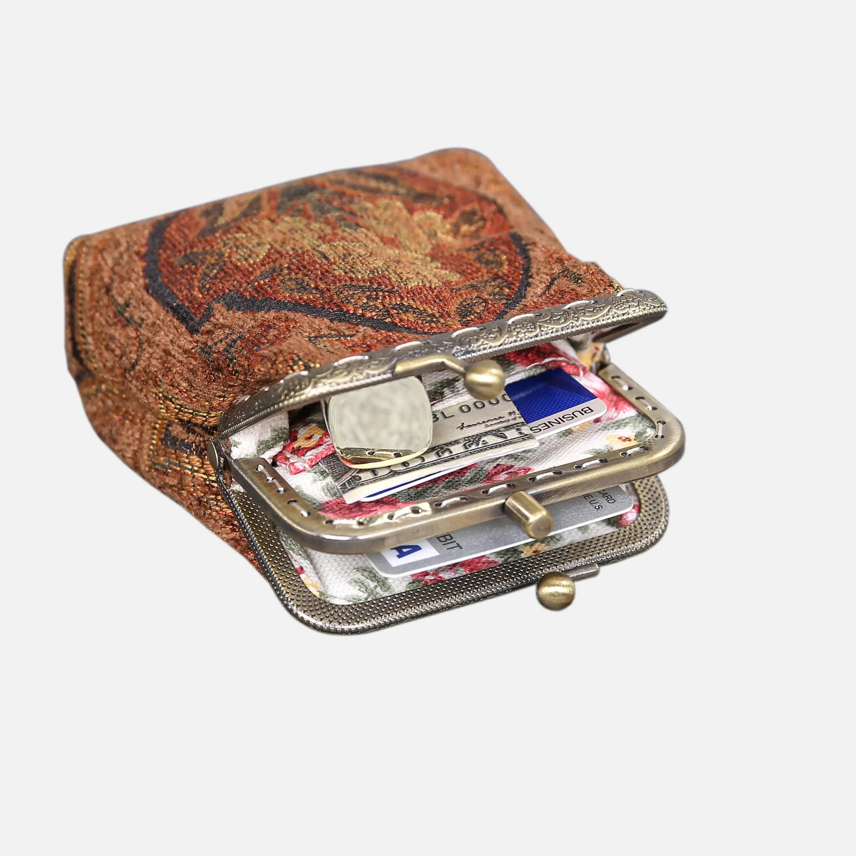 Damask D. Brown Double Kiss Clasp Coin Purse of America in use-3