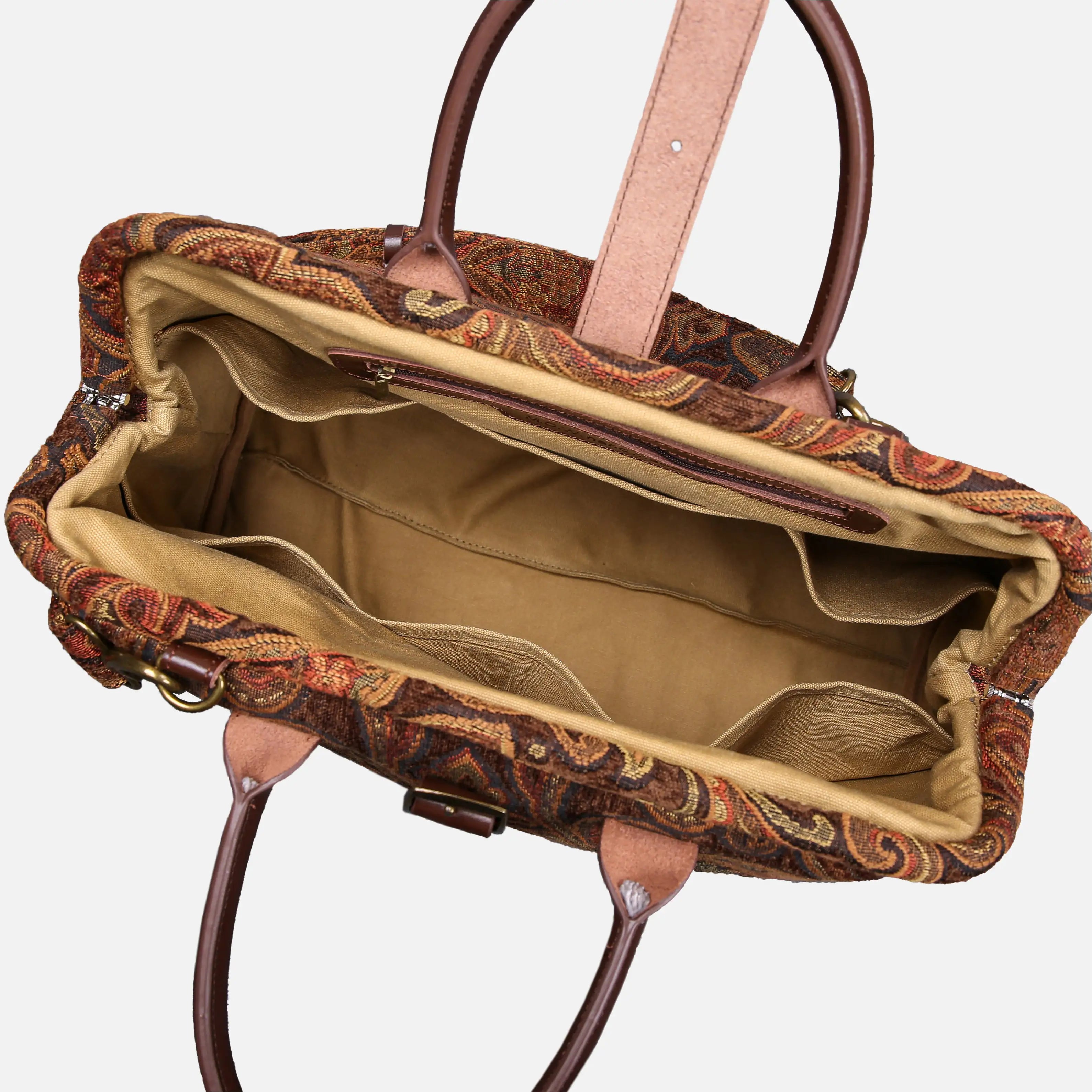 Damask D. Brown Mary Poppins Weekender Carpetbag of America open