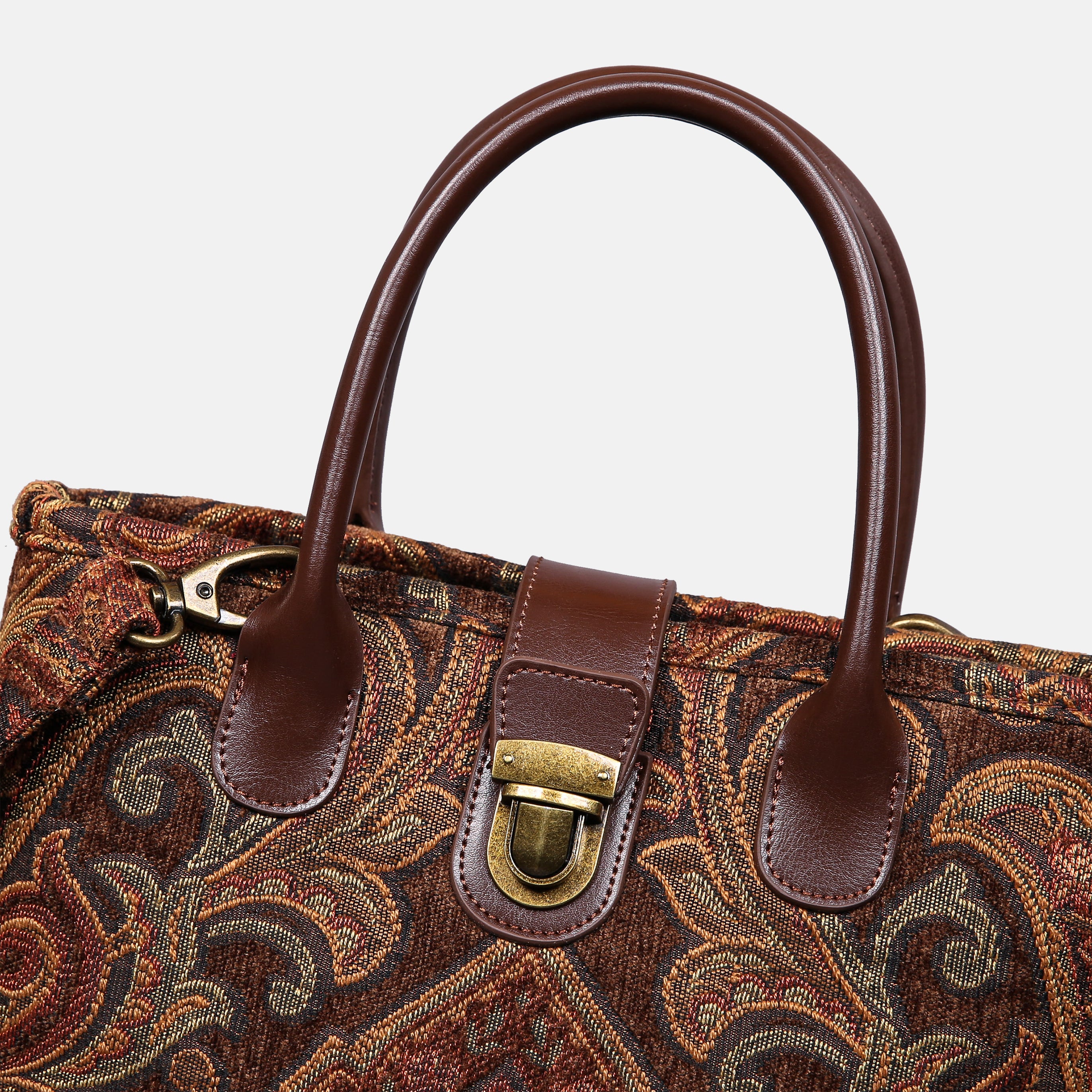 Damask D. Brown Tuck Lock Carpet Satchel carpet bag MCW Handmade of America details