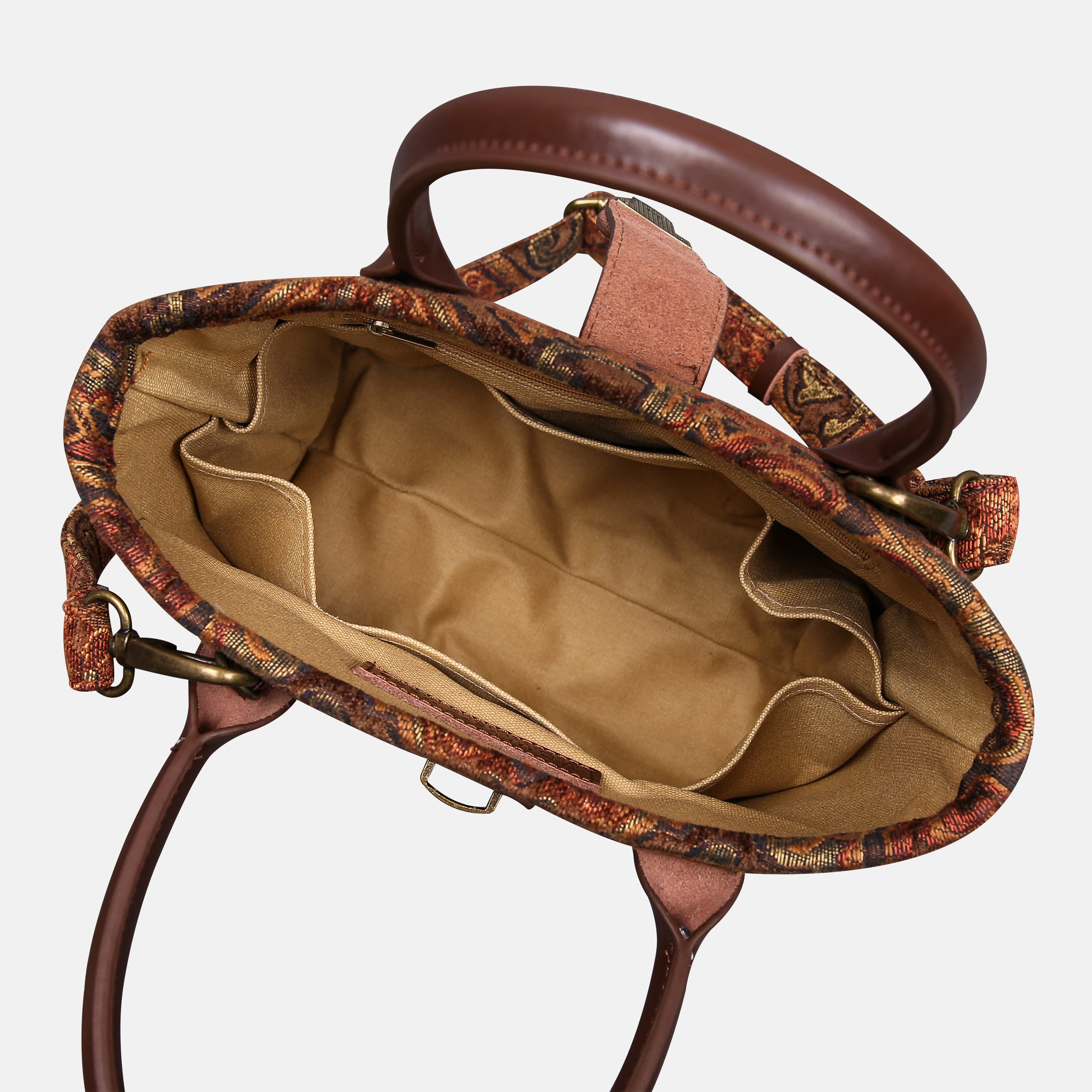 Damask D. Brown Tuck Lock Carpet Satchel carpet bag MCW Handmade of America inside