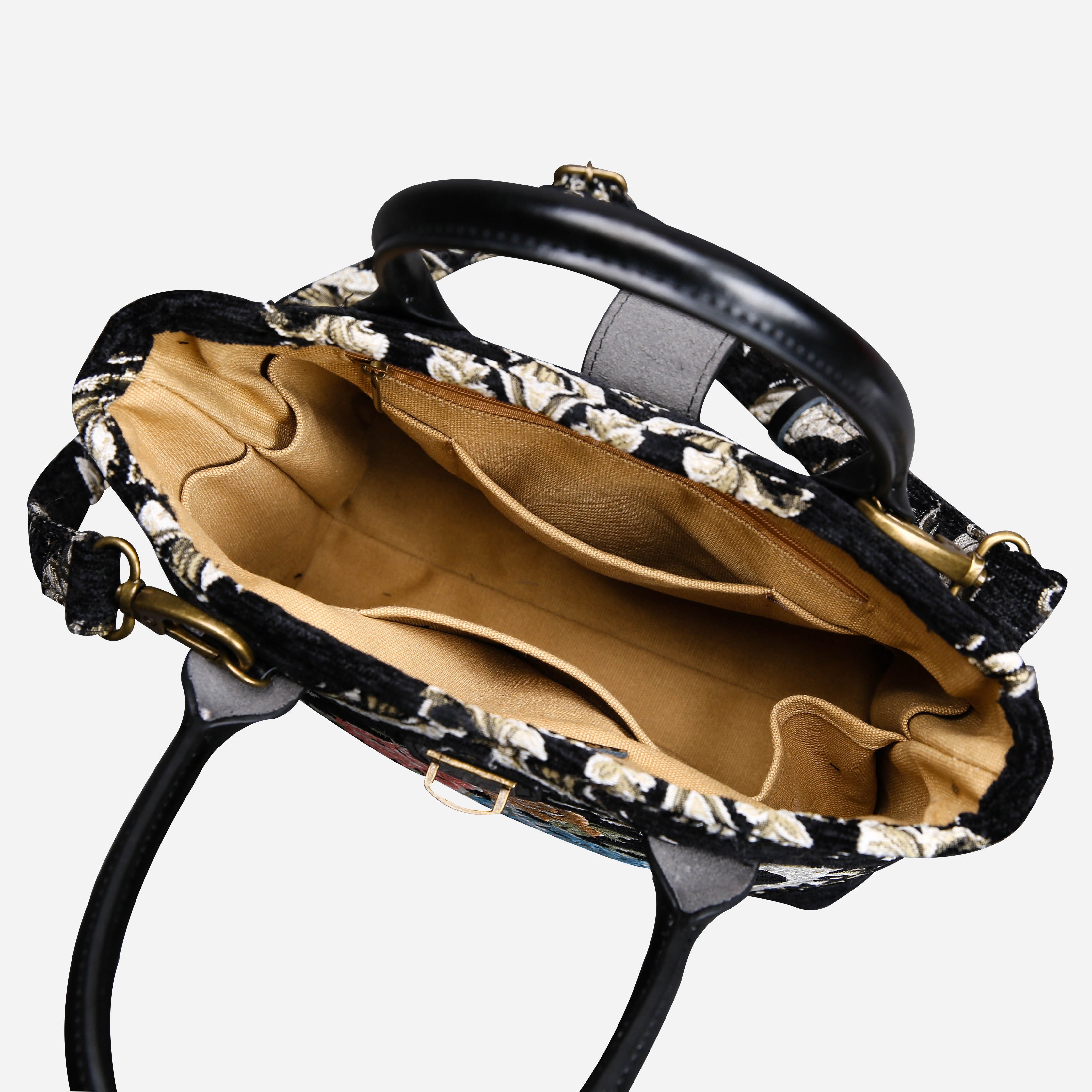 Eternal Elegance Blk Tuck Lock Carpet Satchel carpet bag MCW Handmade of America inside