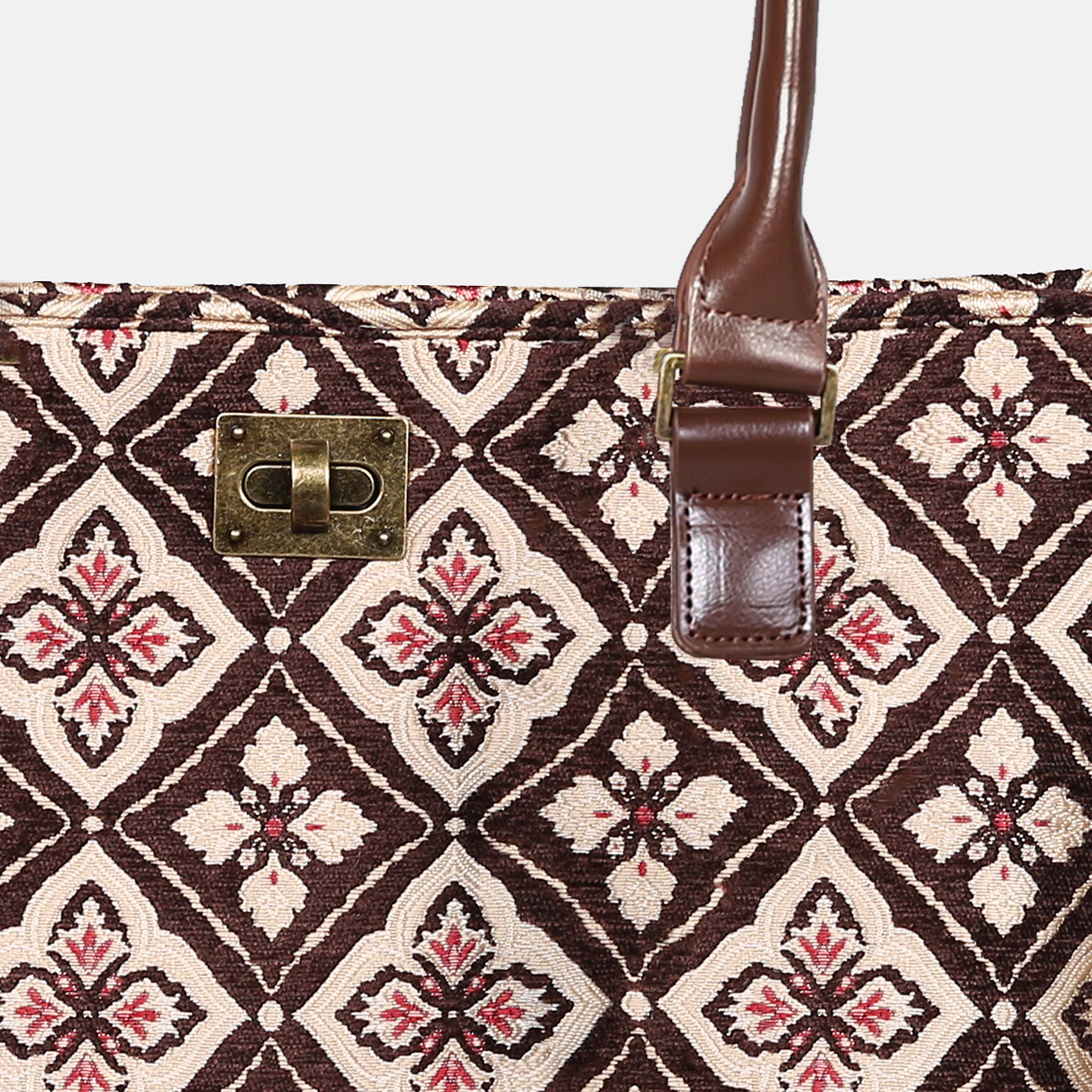 Ethnic Brown Carpet Tote Shopper Carpetbag of America closure
