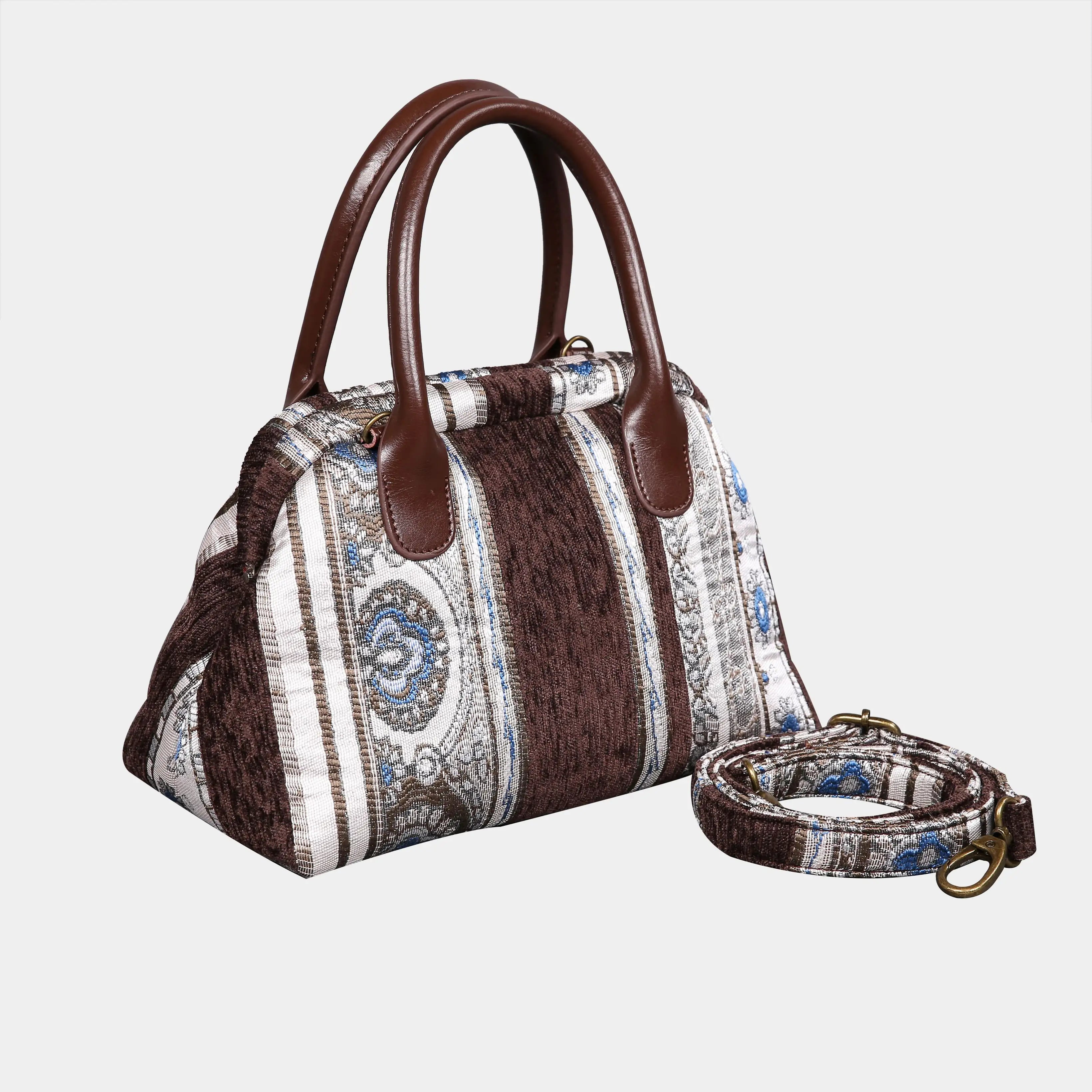 Ethnic Strips Coffee Carpet Satchel carpet bag MCW Handmade of America with strap