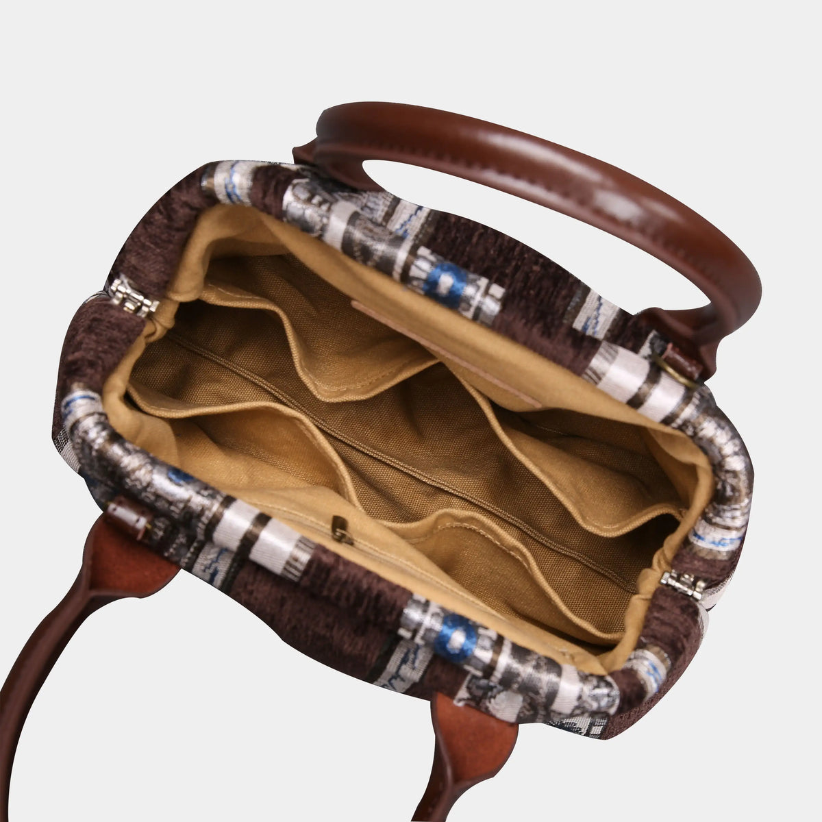 Ethnic Strips Coffee Carpet Satchel carpet bag MCW Handmade of America open