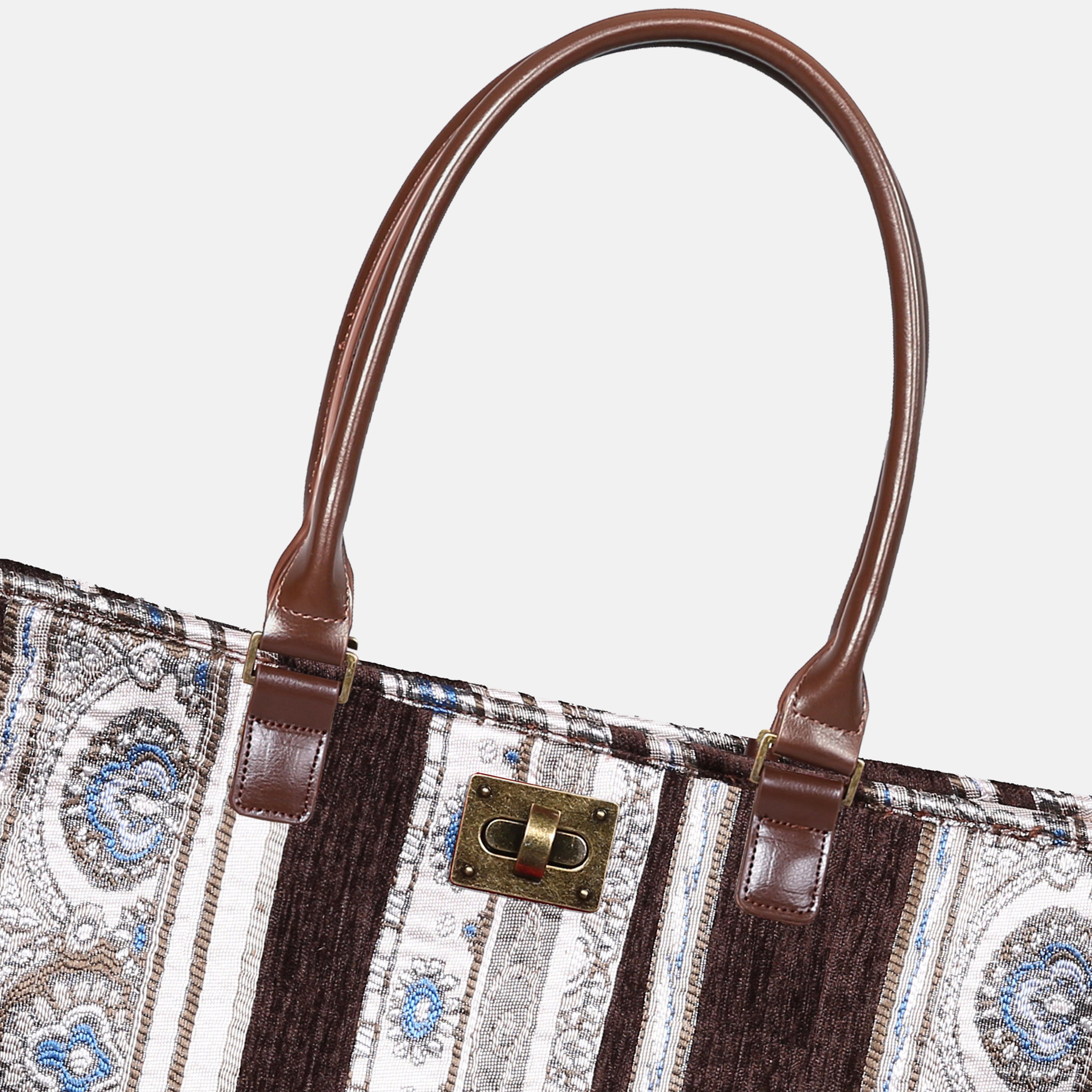 Ethnic Stripes Brown Carpet Tote Shopper Carpetbag of America closure