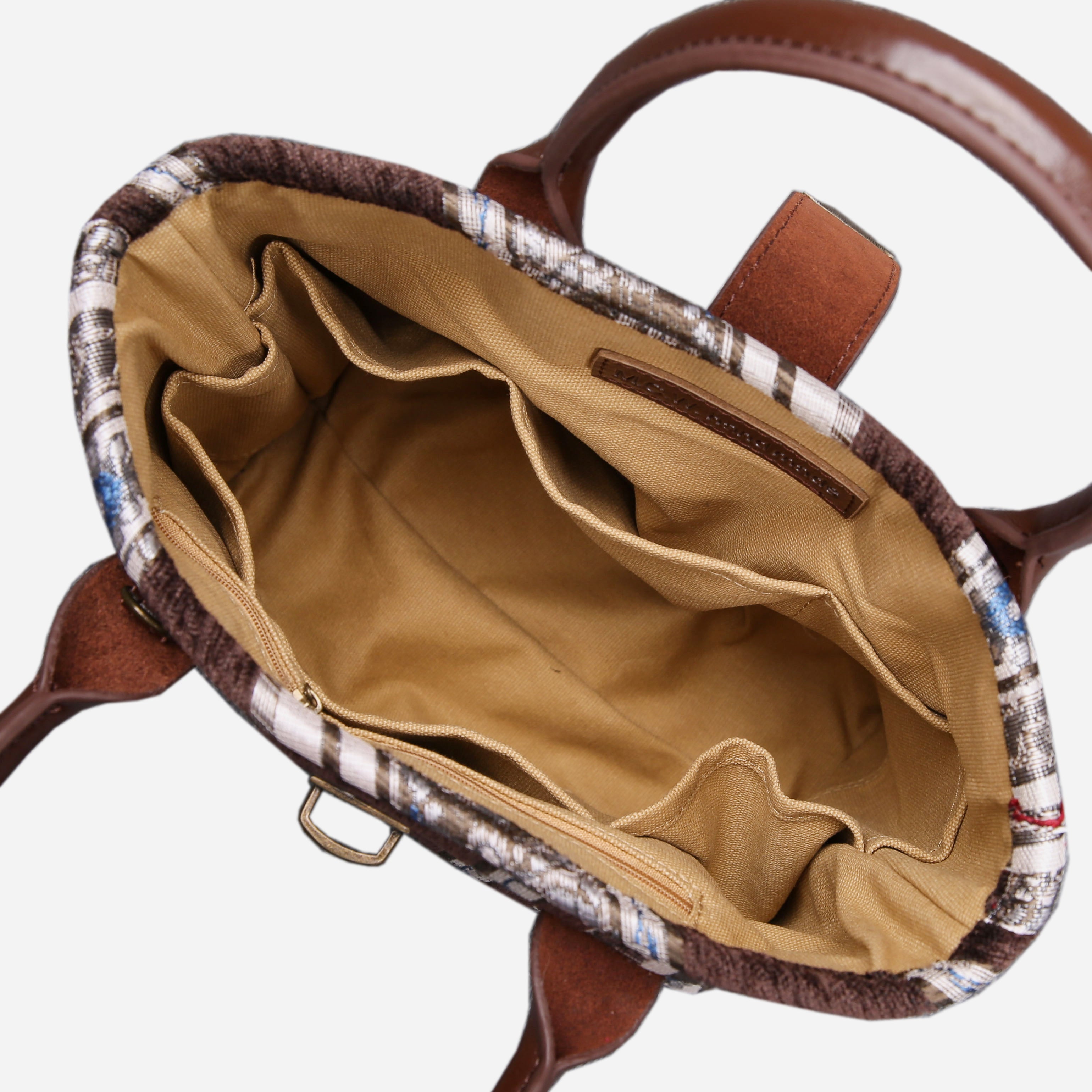 Ethnic Strips Coffee Tuck Lock Carpet Satchel carpet bag MCW Handmade of America inside