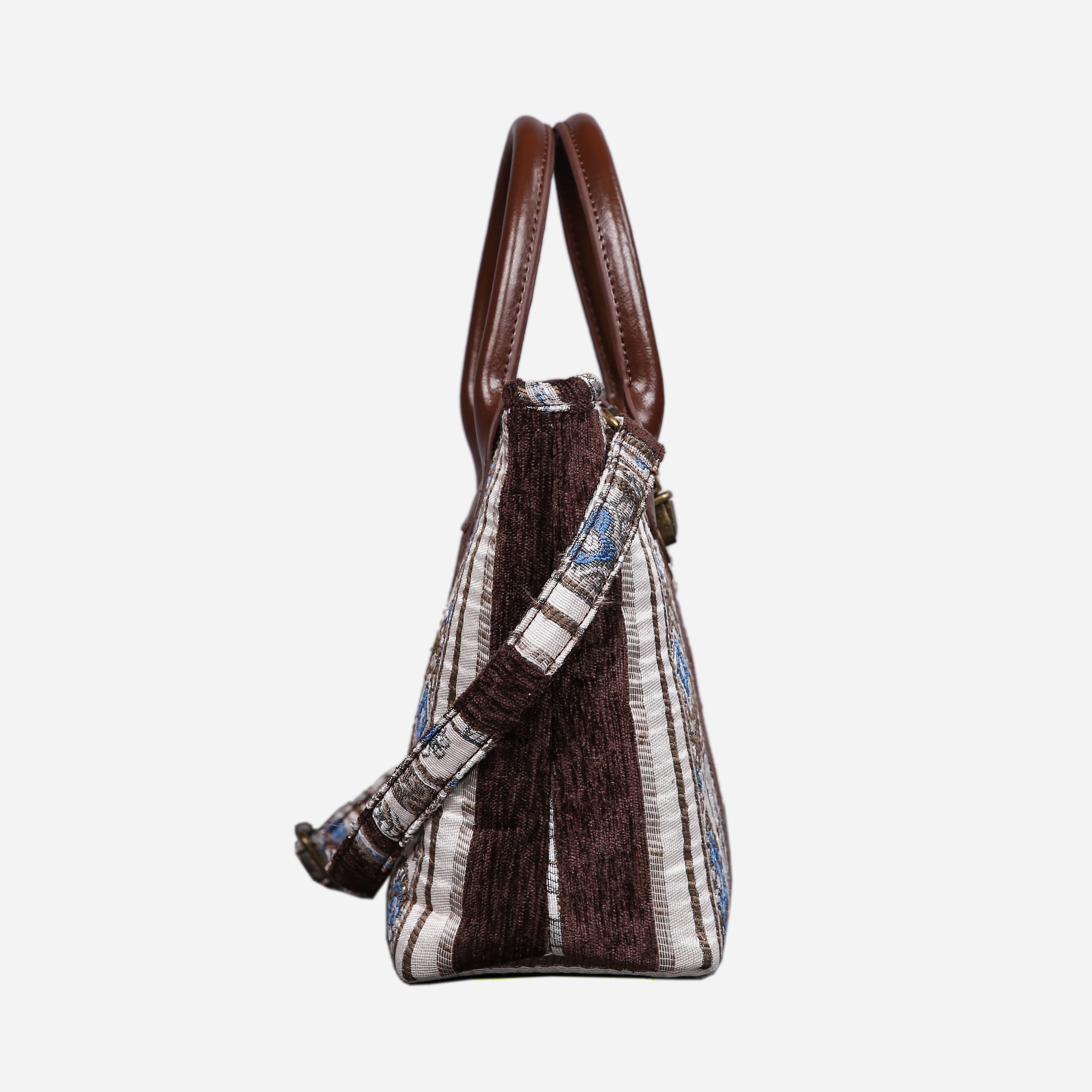 Ethnic Strips Coffee Tuck Lock Carpet Satchel carpet bag MCW Handmade of America side