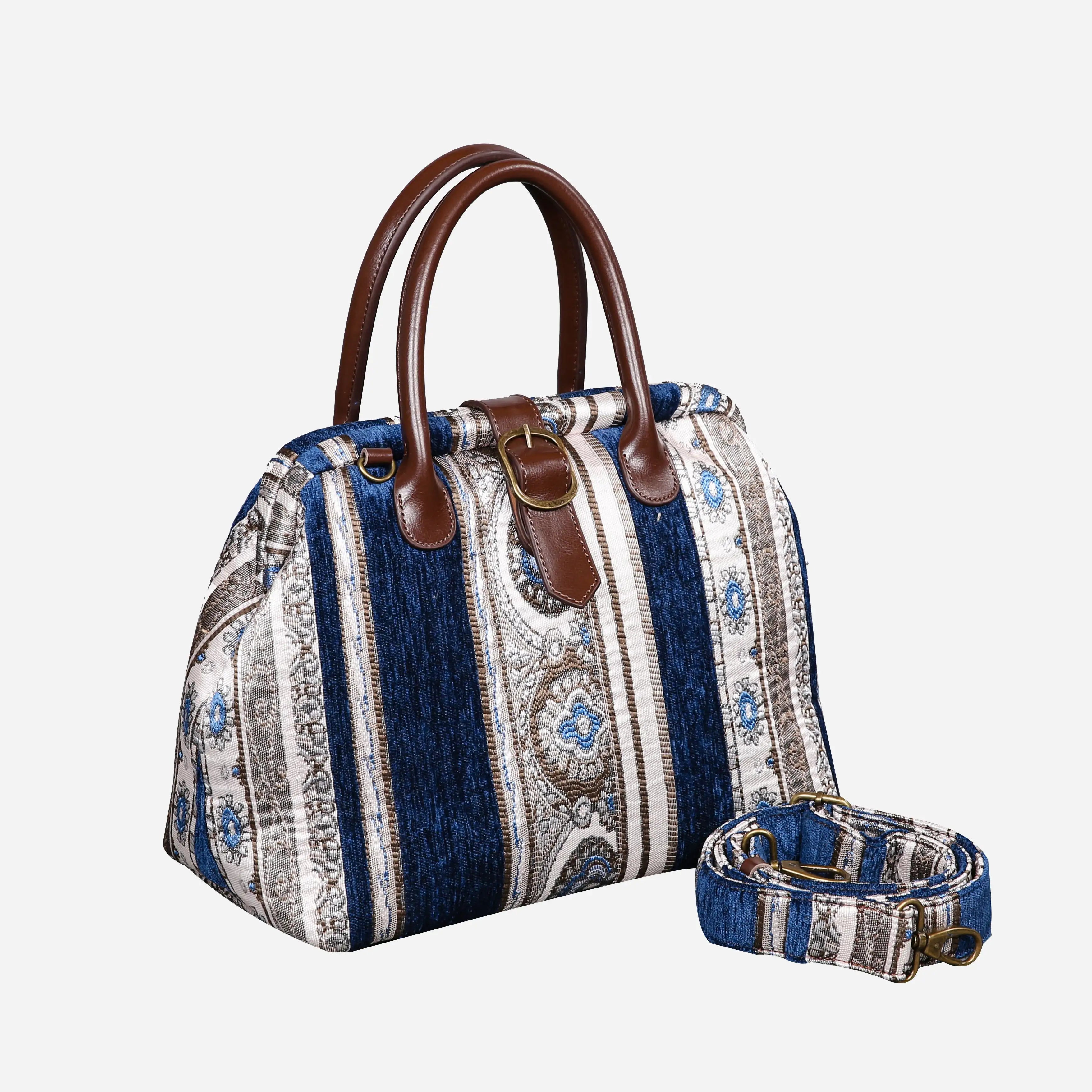Ethnic Strips Navy Carpet Handbag Purse carpet bag MCW Handmade of America with shoulder strap