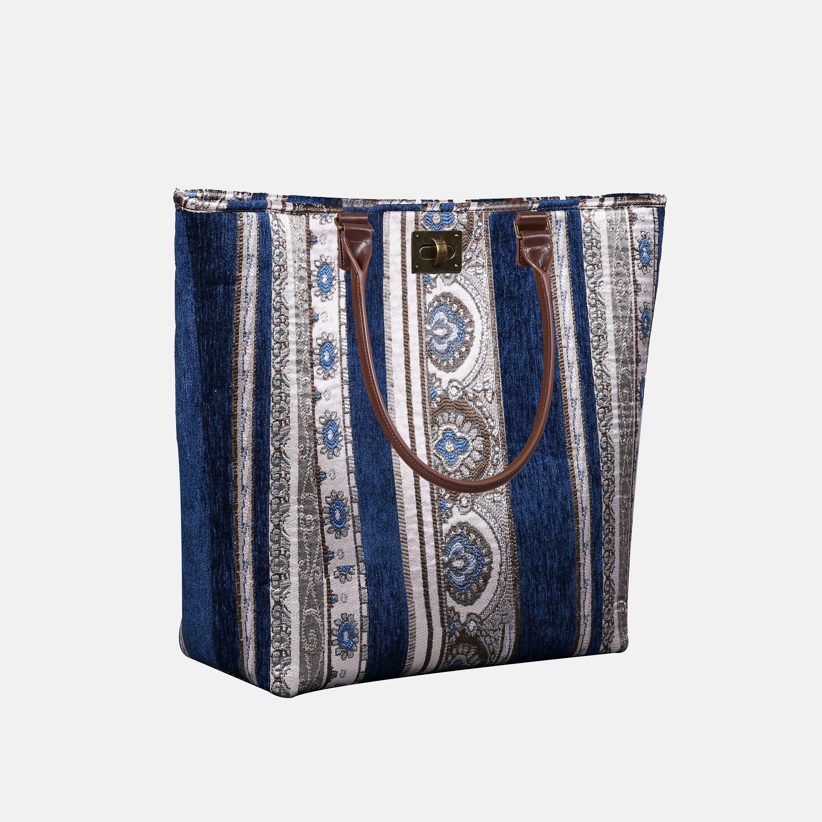 Ethnic Stripes Navy Carpet Tote Shopper Carpetbag of America handle down