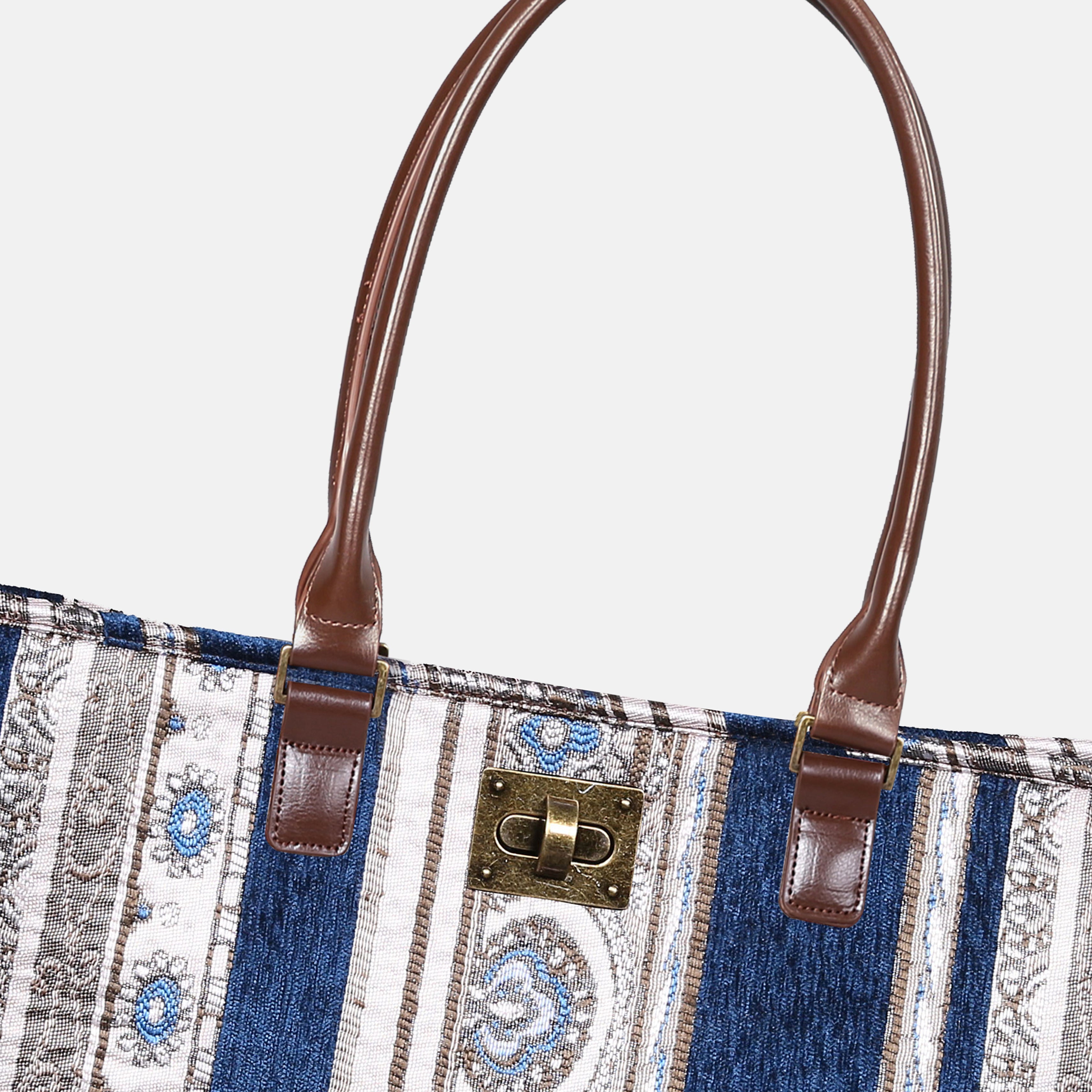 Ethnic Stripes Navy Carpet Tote Shopper Carpetbag of America closure