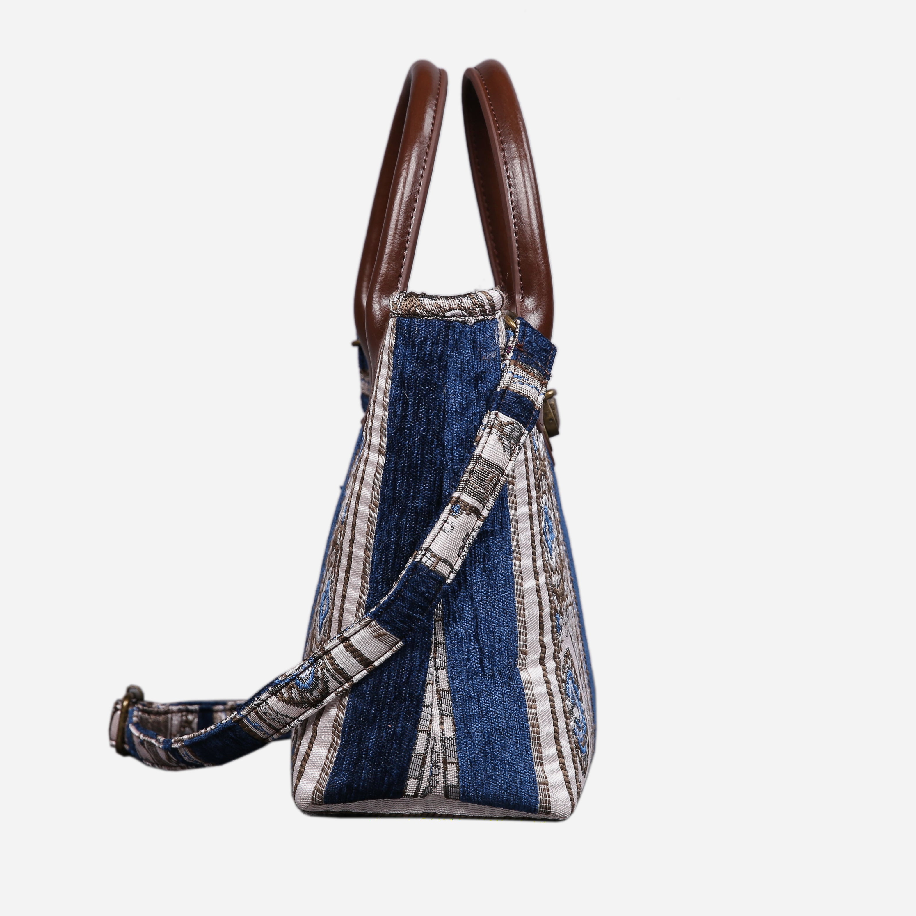 Ethnic Stripes Navy Tuck Lock Carpet Satchel carpet bag MCW Handmade of America side