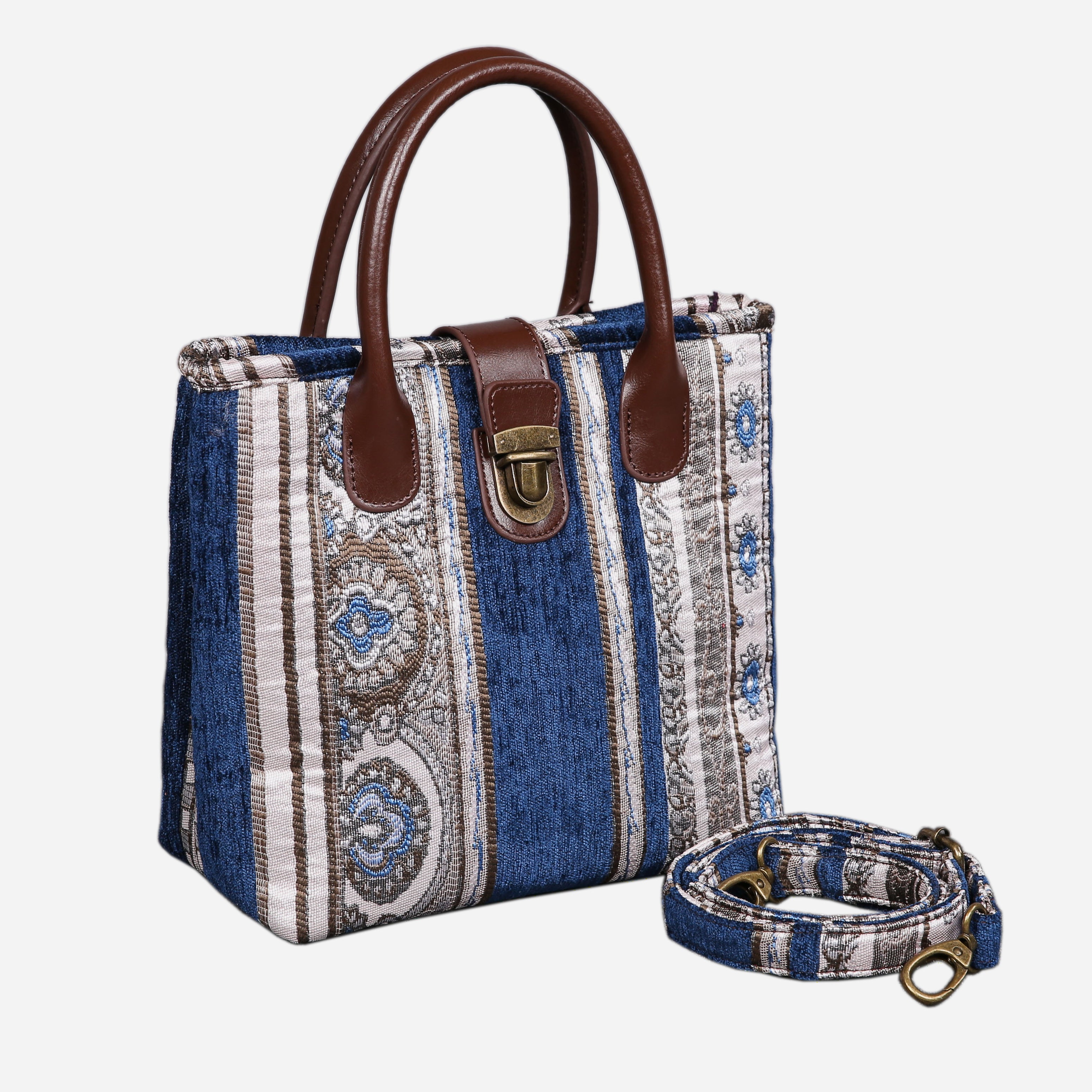 Ethnic Stripes Navy Tuck Lock Carpet Satchel carpet bag MCW Handmade of America with strap