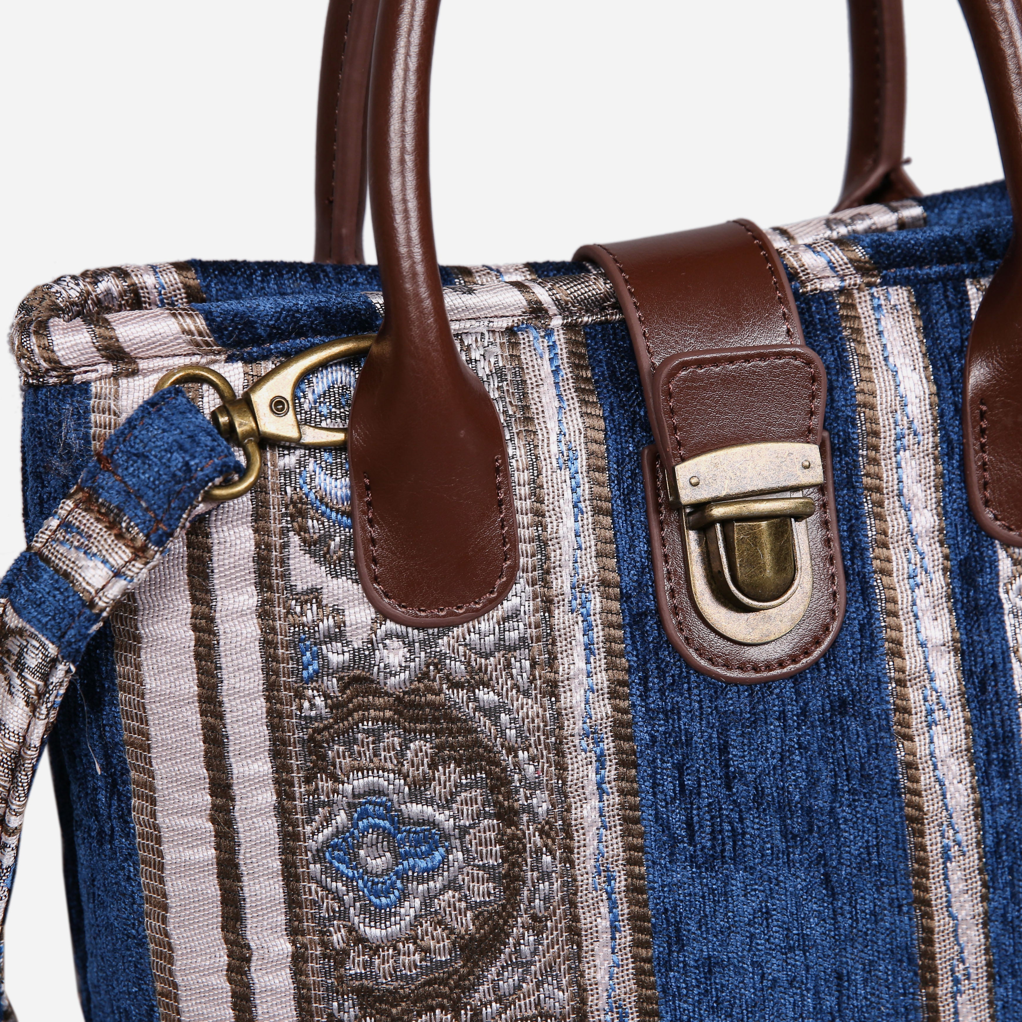Ethnic Stripes Navy Tuck Lock Carpet Satchel carpet bag MCW Handmade of America details