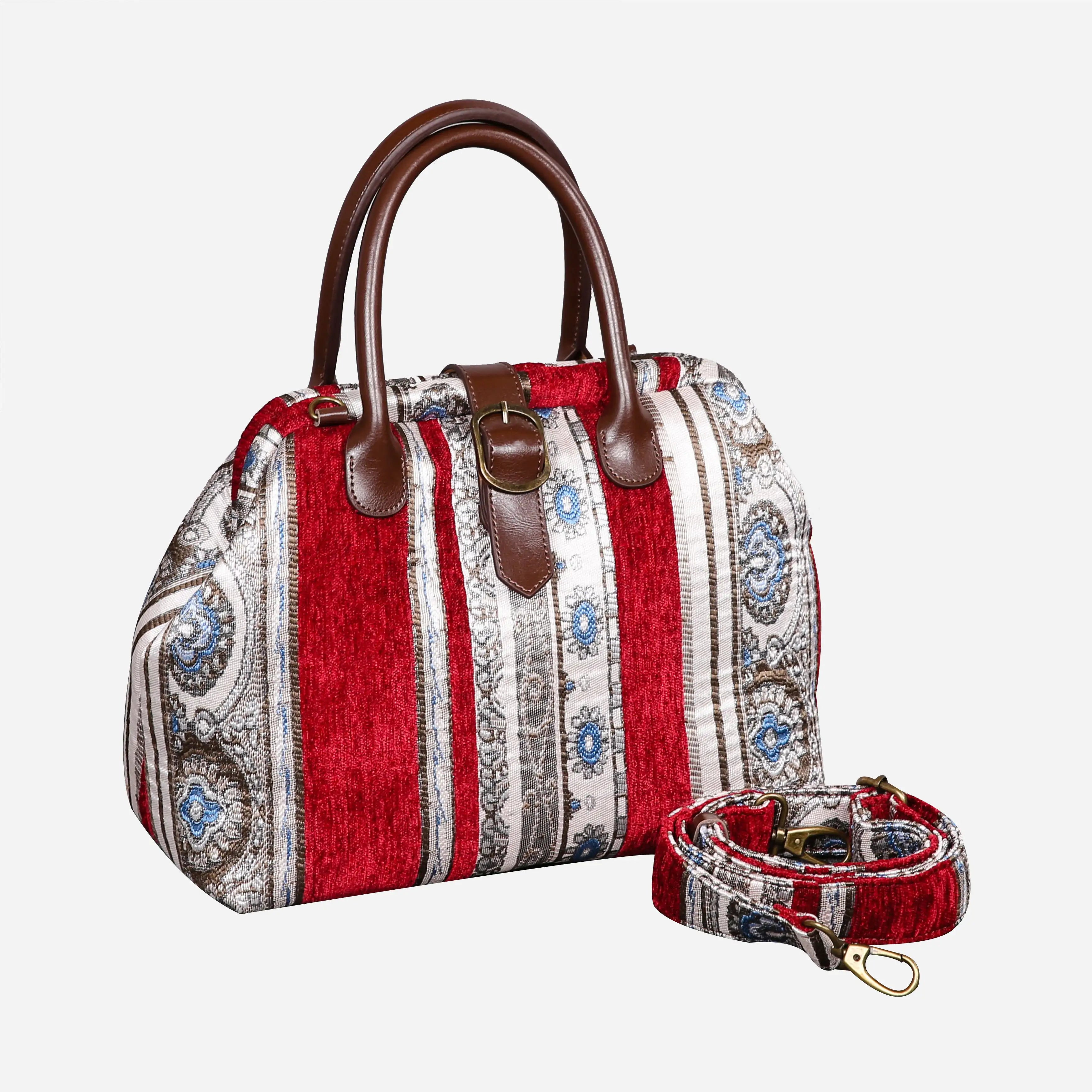 Ethnic Strips Wine Carpet Handbag Purse carpet bag MCW Handmade with shoulder strap