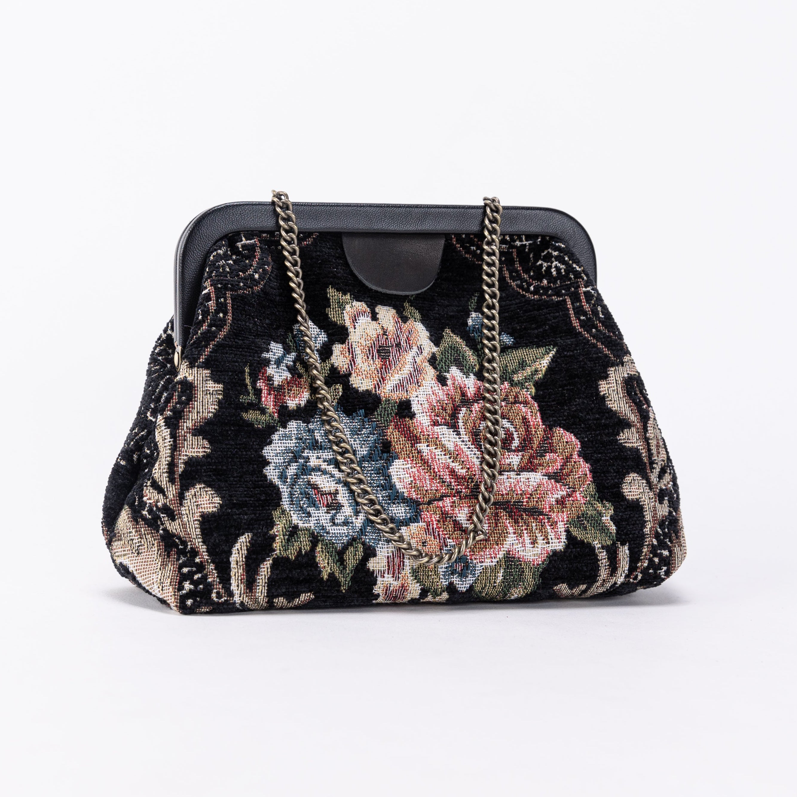 Floral Black Alma Evening Clutch Carpet Bag of America front side