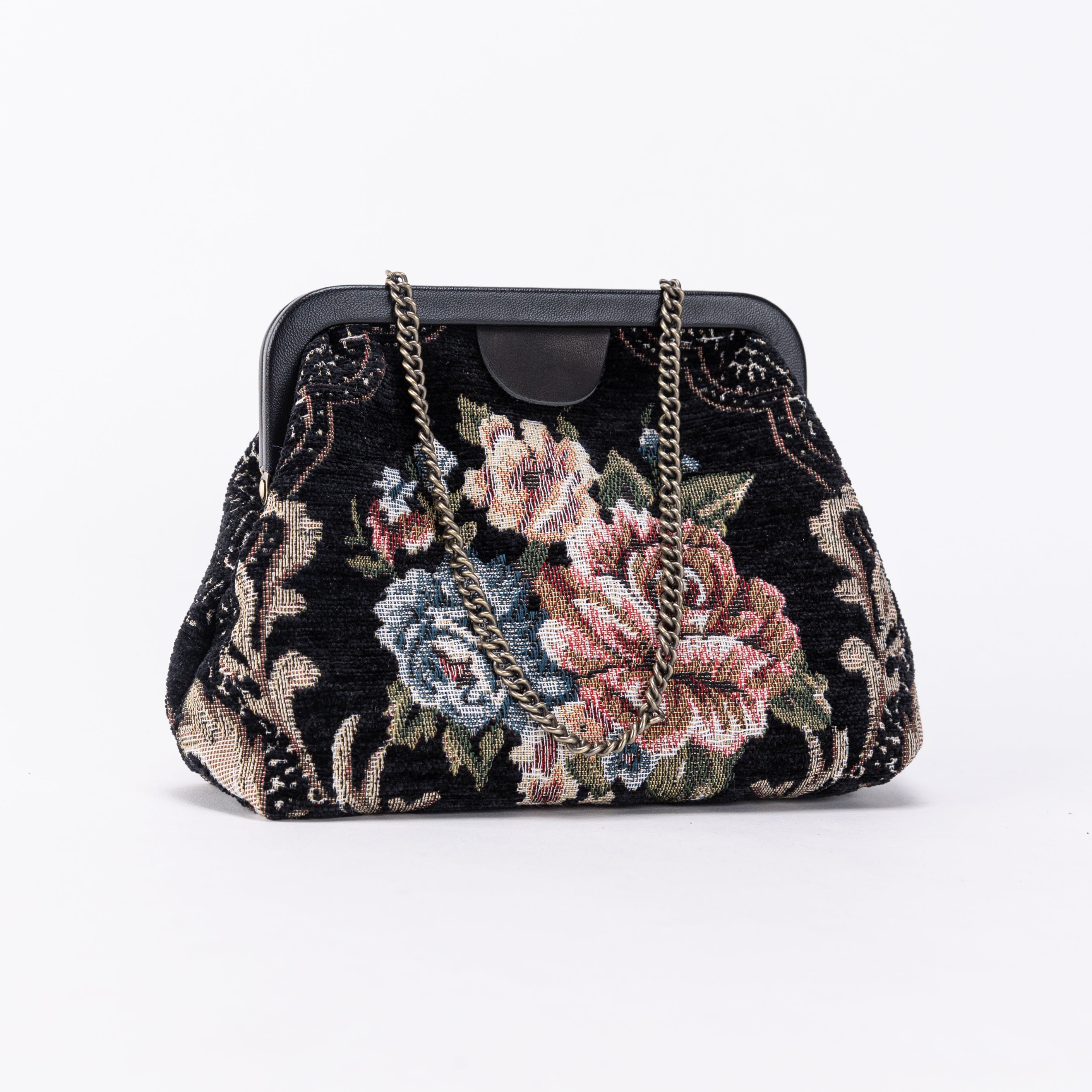 Floral Black Alma Evening Clutch Carpet Bag of America front side