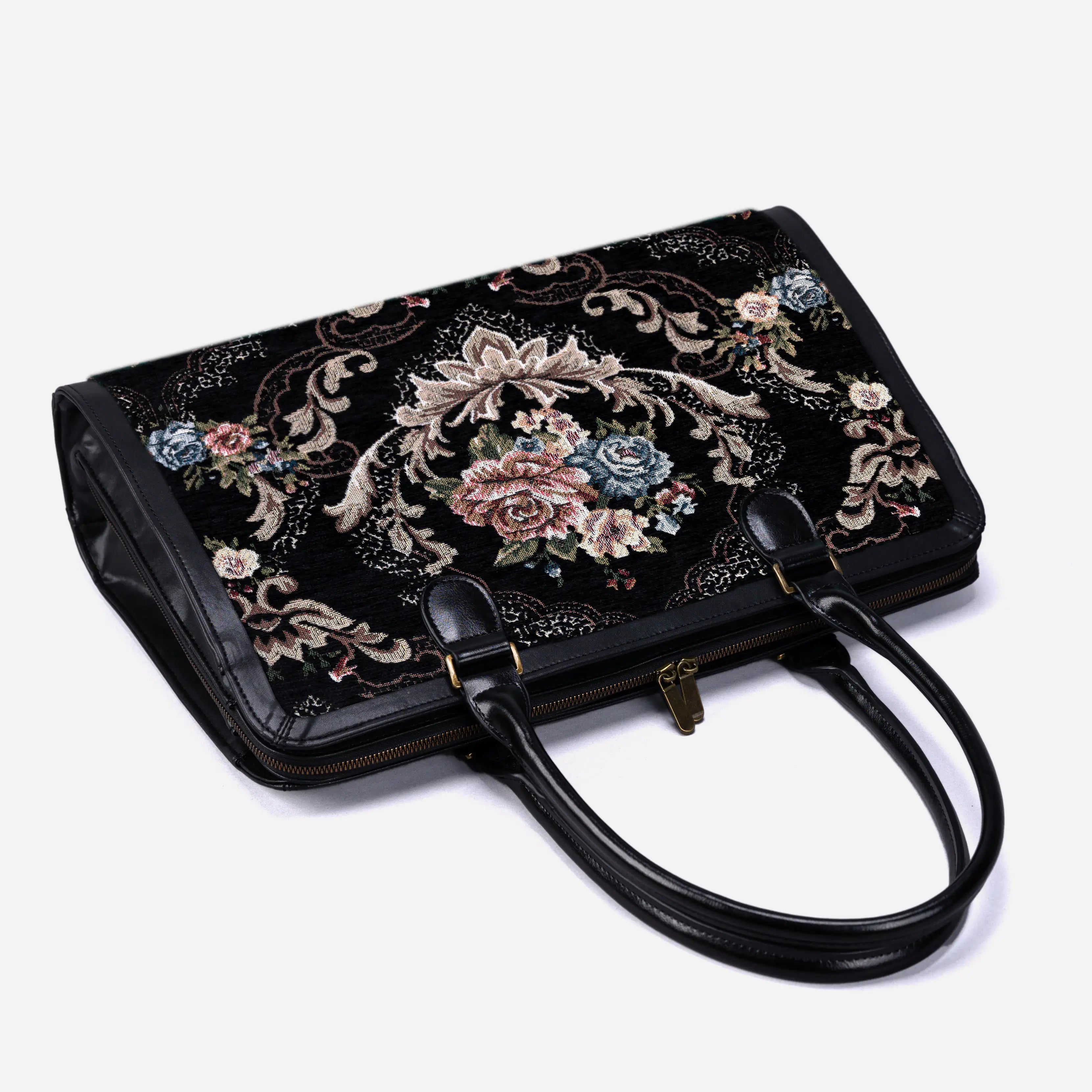 Floral Black Business Tote of America lay flat