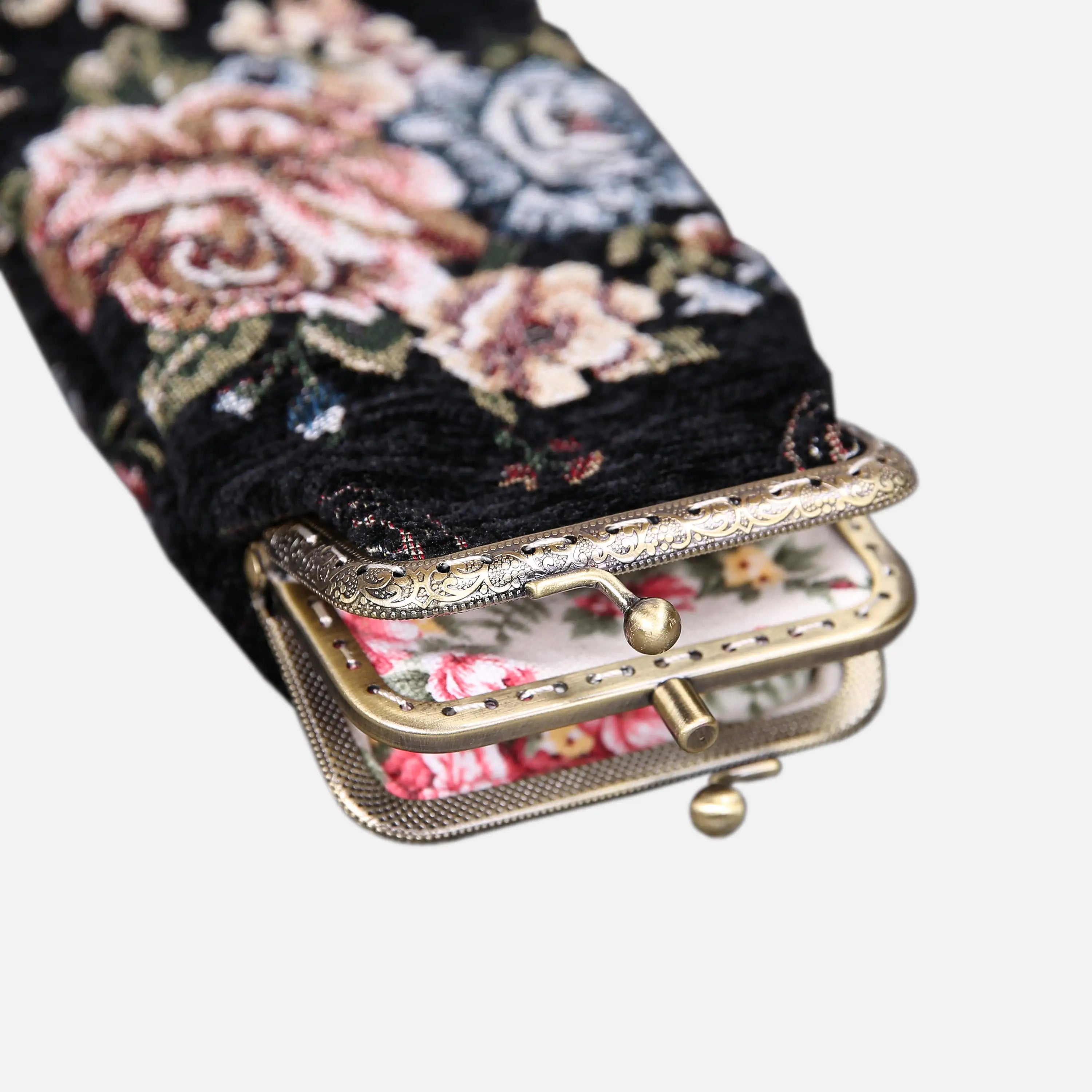 Floral Black Carpet Eyeglasses Case of America the metal clamp opens-2
