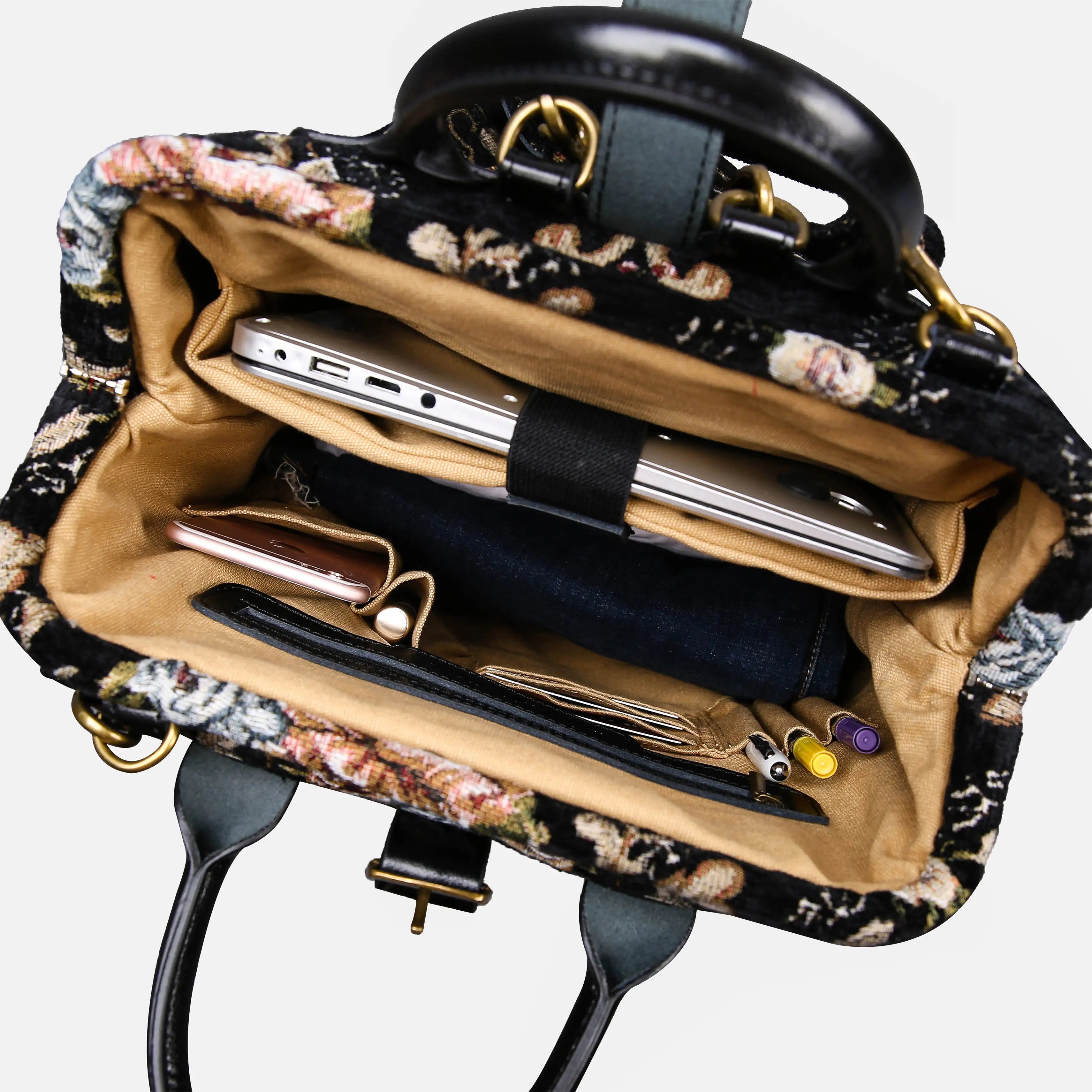 Floral Black Carpet Laptop Backpack Carpetbag of America inside