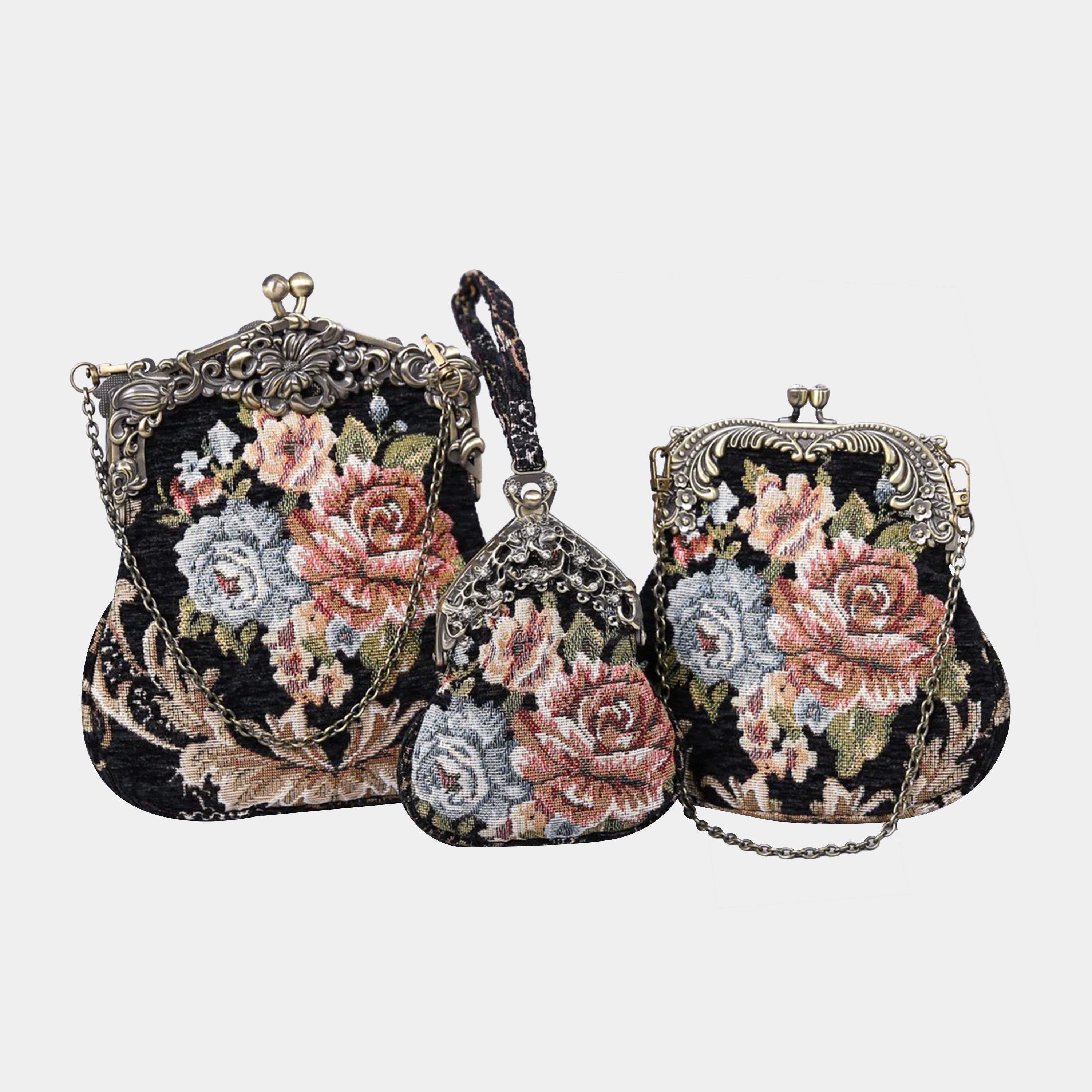 Floral Black Chatelaine Purse Large carpet bag of America different size