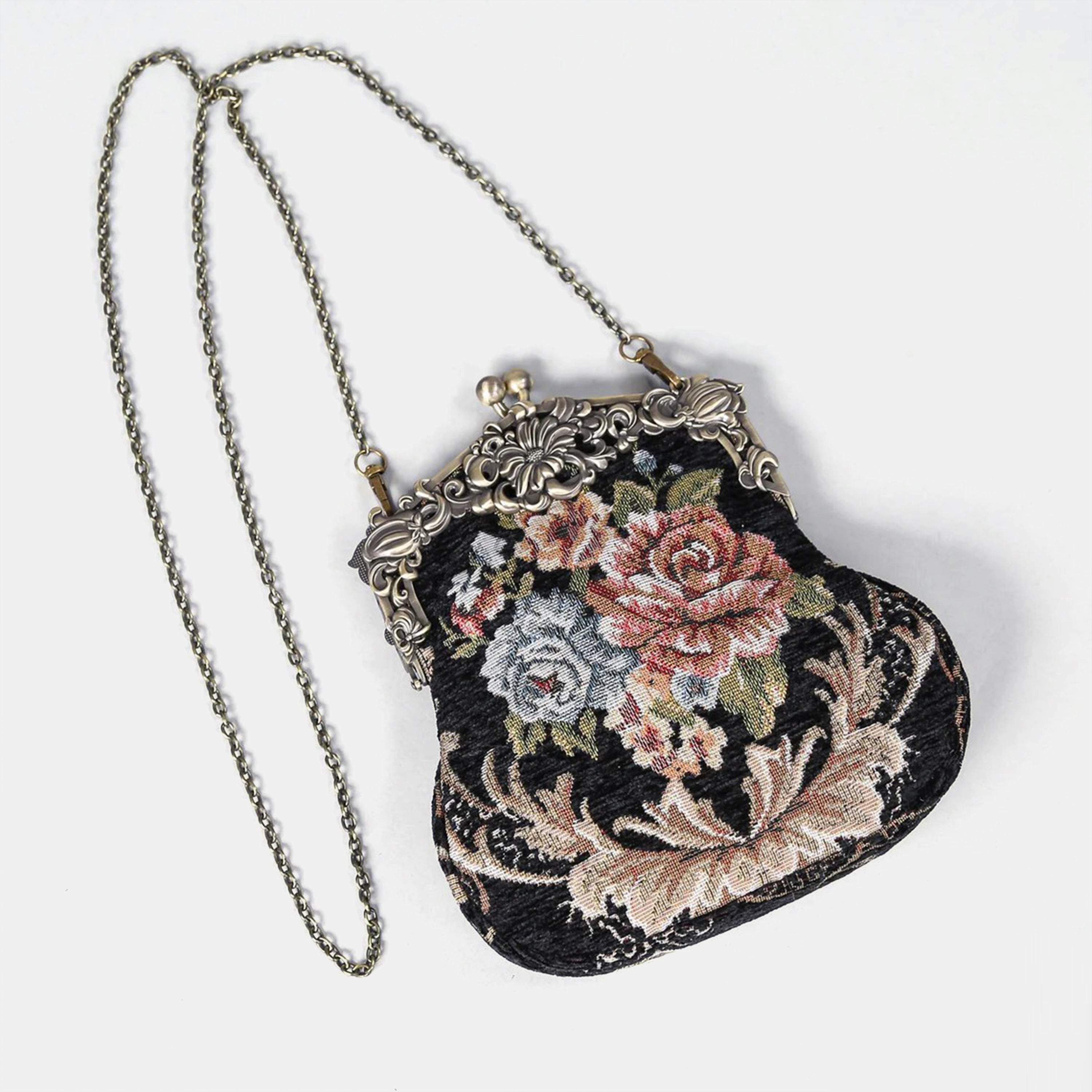 Floral Black Chatelaine Purse Large carpet bag of America with long chain