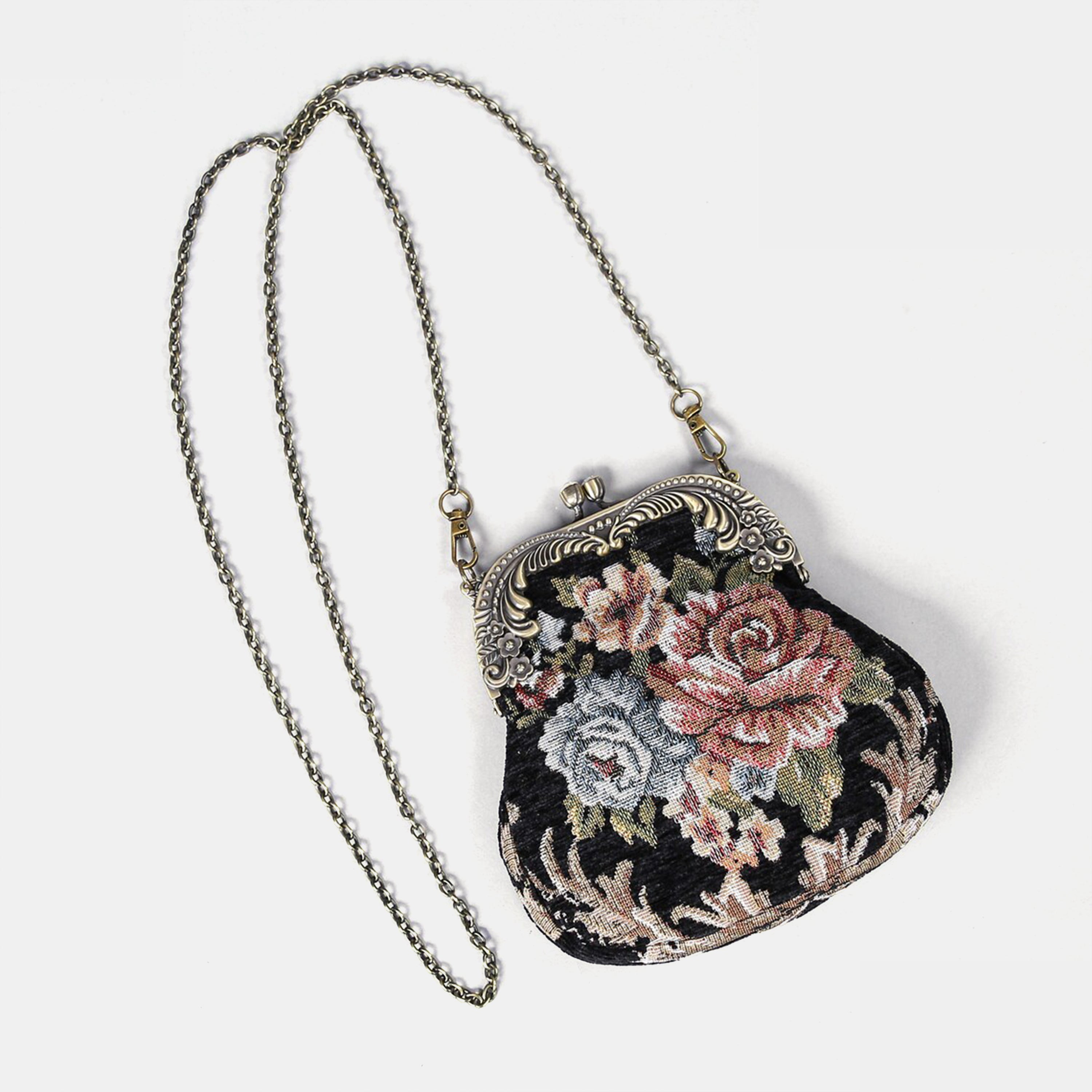 Floral Black Chatelaine Purse Medium carpet bag of America with chain