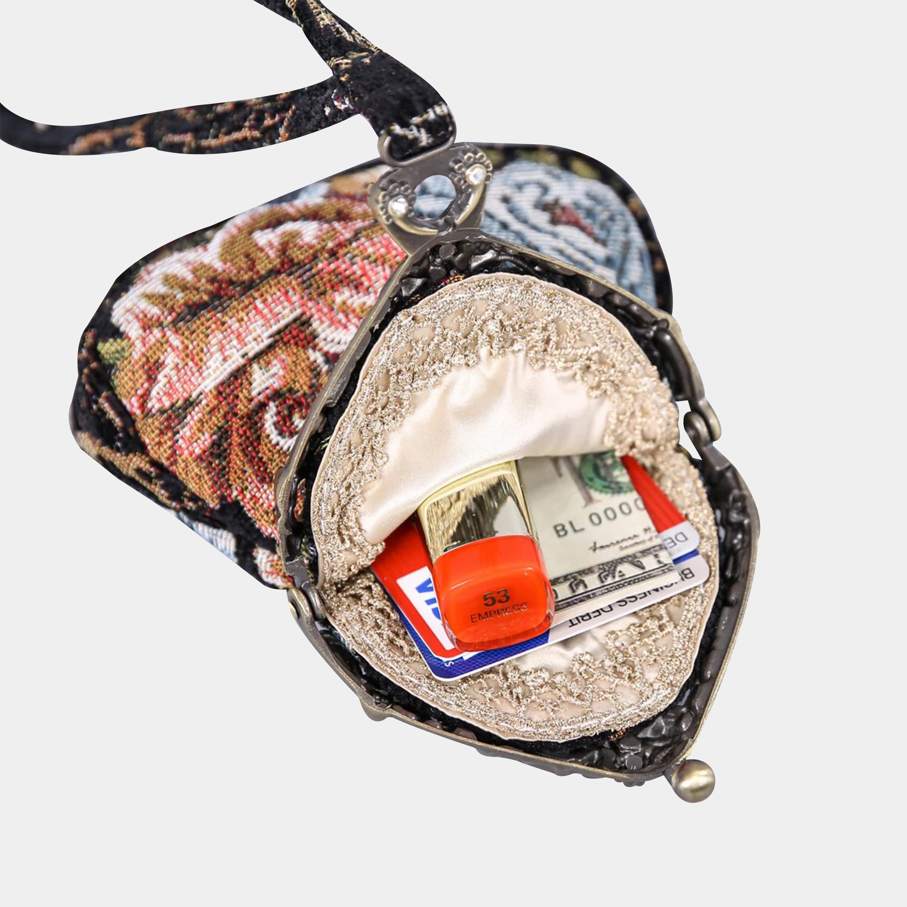 Floral Black Chatelaine Purse Wristlet Bag carpet bag  of America in use